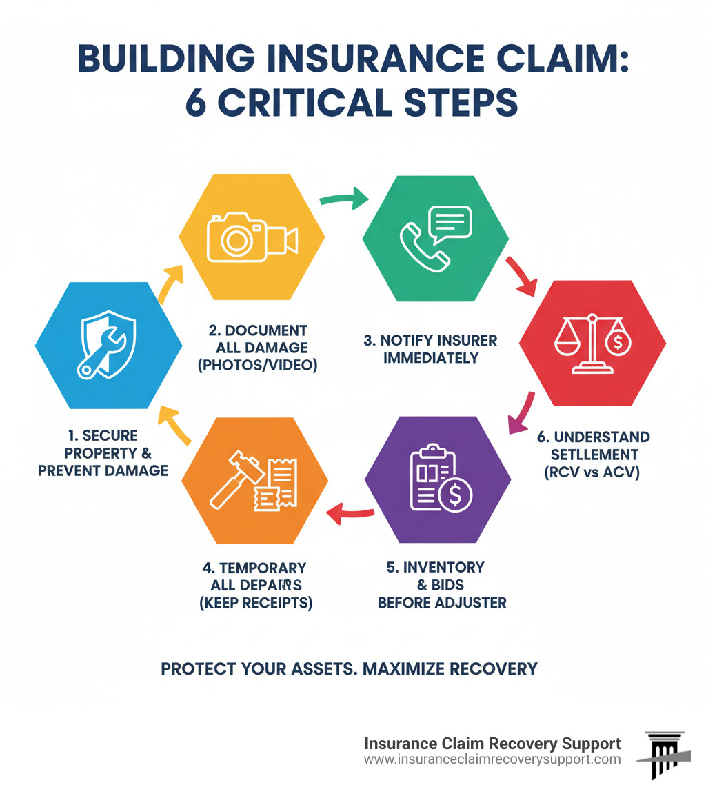 Infographic showing the 6 critical steps in filing a building insurance claim: 1. Secure property and prevent further damage, 2. Document all damage with photos and video, 3. Notify your insurance company immediately, 4. Make temporary emergency repairs with receipts, 5. Prepare detailed inventory and contractor bids before adjuster visit, 6. Understand your settlement options (RCV vs ACV) and right to negotiate - Building insurance claims infographic 
