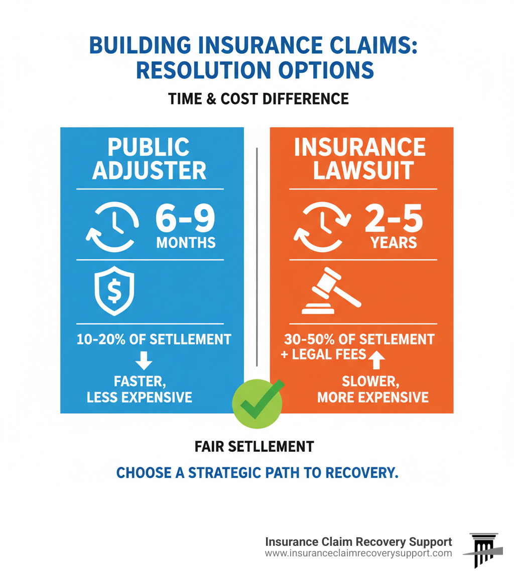 Infographic showing the average time and cost difference between resolving a claim with a public adjuster vs. an insurance lawsuit - Building insurance claims infographic 
