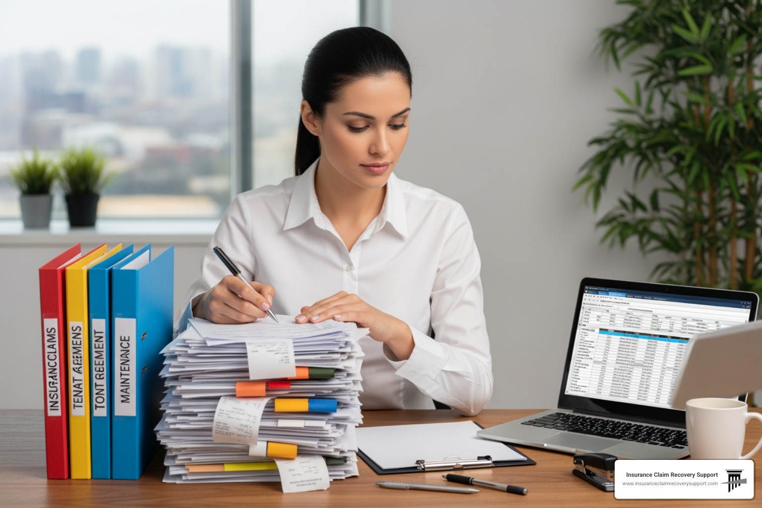 Property manager organizing claim documents like receipts and contractor bids - Building insurance claims