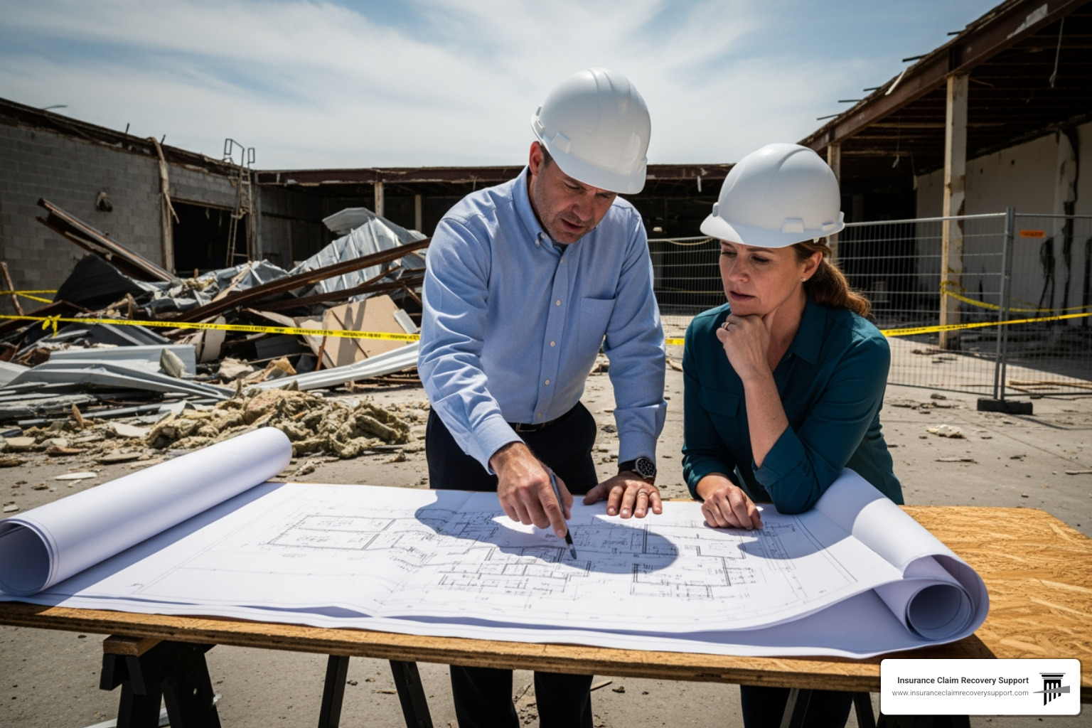 Public adjuster reviewing blueprints with a property owner on-site - Building insurance claims