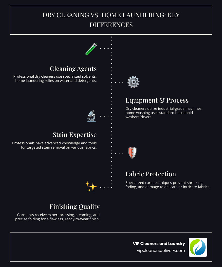 Infographic showing the difference between professional dry cleaning and home laundering, including solvent-based cleaning vs water-based washing, equipment differences, stain removal expertise, fabric care knowledge, and garment finishing techniques used by professional cleaners in Carmel Valley - Carmel Valley dry cleaners infographic infographic-line-5-steps-dark