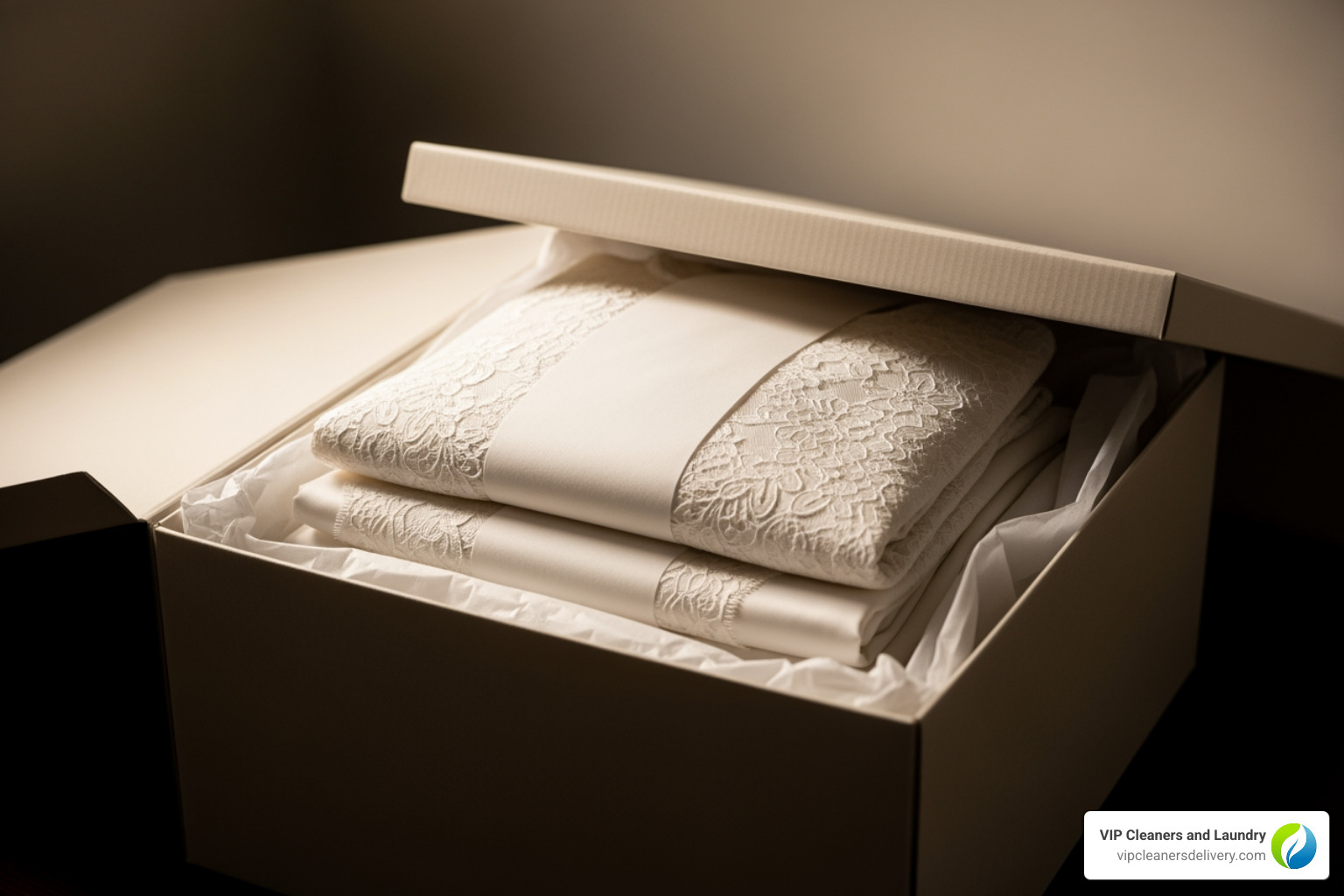 A pristine wedding dress preserved in a box - Carmel Valley dry cleaners