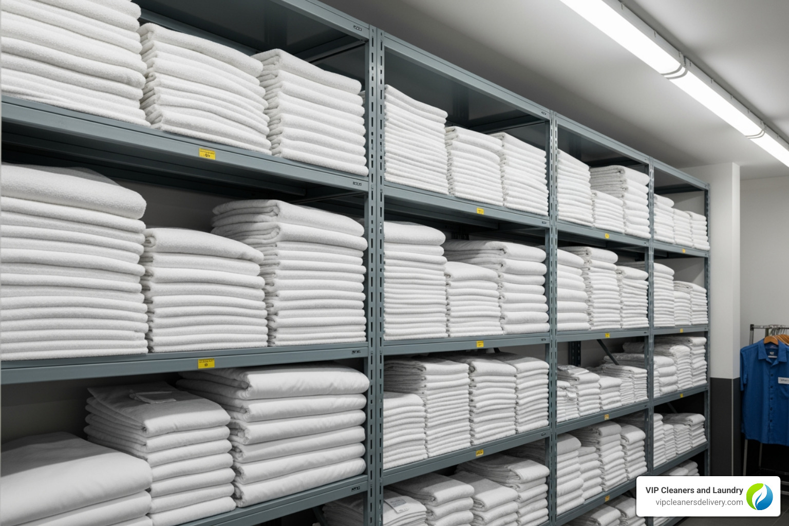 Neatly organized shelves filled with different types of laundered hotel items, including fluffy white towels, crisp bed sheets, and pressed staff uniforms - hotel laundry service San Diego Neatly organized shelves filled with different types of laundered hotel items, including fluffy white towels, crisp bed sheets, and pressed staff uniforms - hotel laundry service San Diego