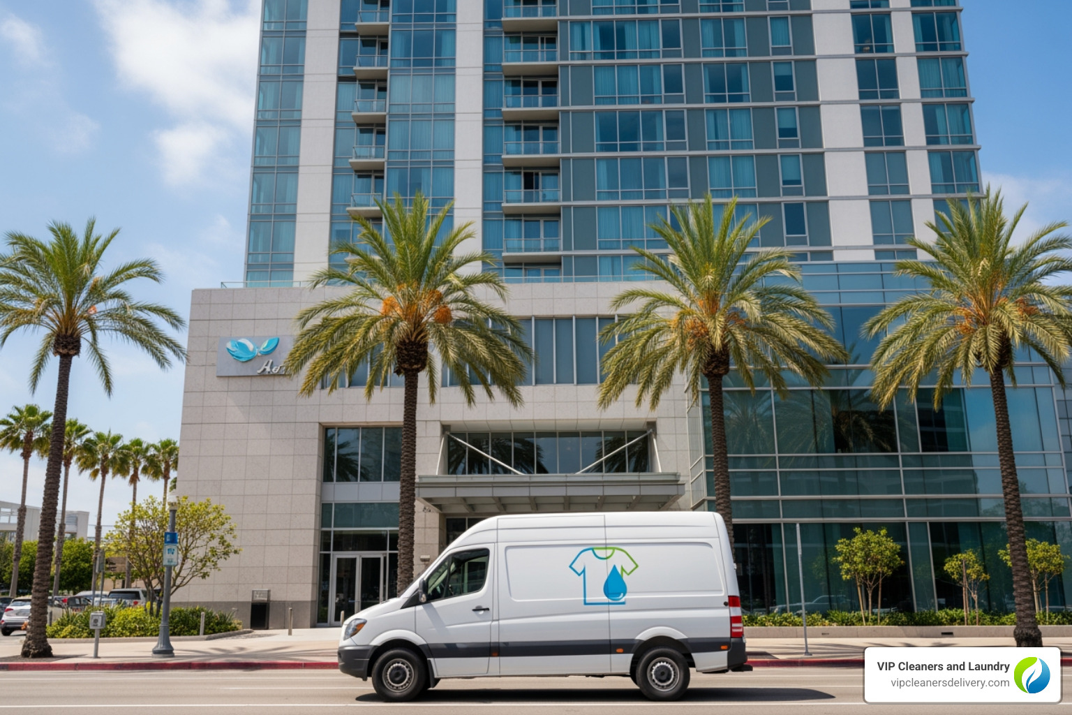 A branded laundry service van parked outside a modern San Diego hotel - hotel laundry service San Diego A branded laundry service van parked outside a modern San Diego hotel - hotel laundry service San Diego
