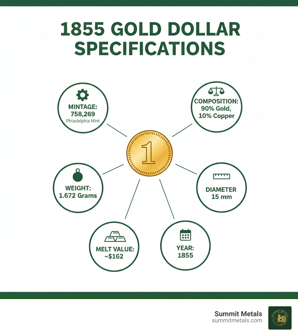 Infographic showing 1855 Gold Dollar specifications: Mintage of 758,269 from Philadelphia Mint, composition of 90% gold and 10% copper, weight of 1.672 grams, diameter of 15mm, and melt value of approximately $162 - 1855 gold dollar coin value infographic 