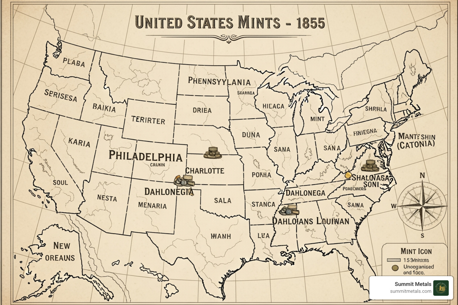 Map showing 1855 U.S. Mint locations - 1855 gold dollar coin value