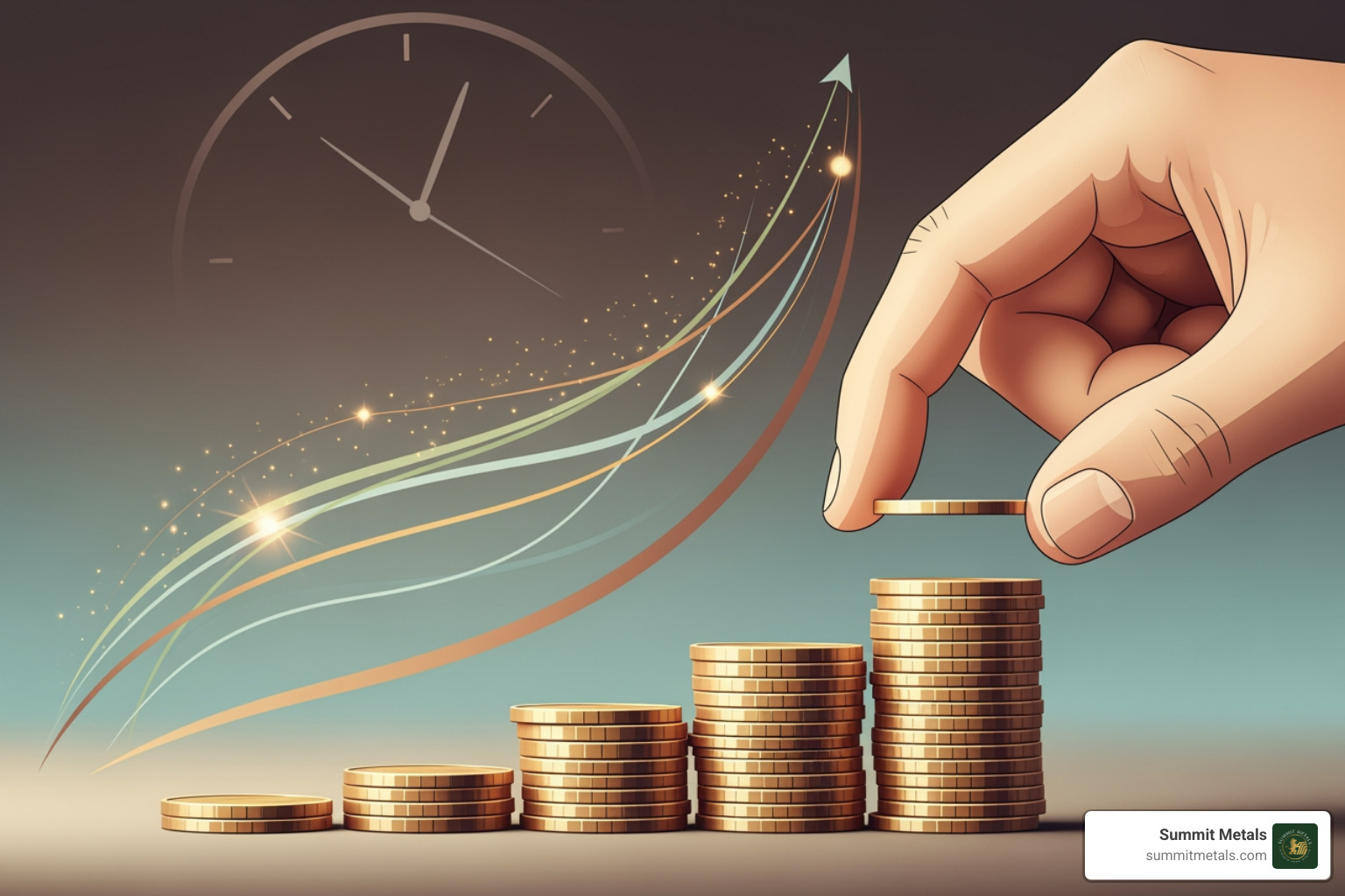 Infographic illustrating the concept of dollar-cost averaging over time - 1855 gold dollar coin value