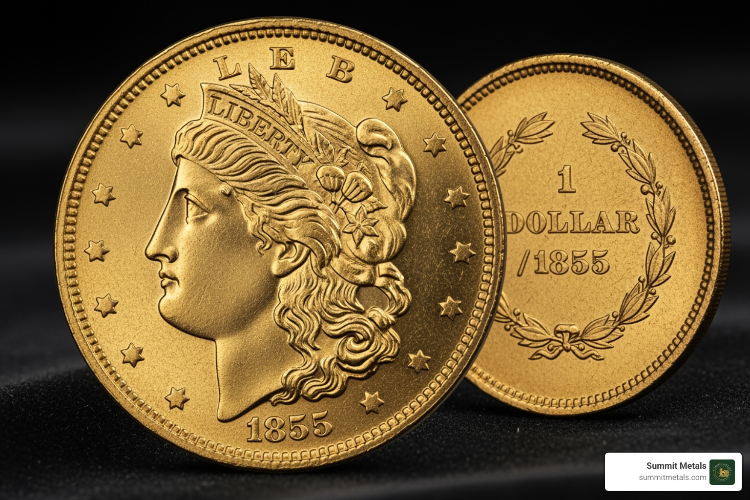 Image comparing a circulated (VF) and an uncirculated (MS) 1855 Gold Dollar - 1855 gold dollar coin value