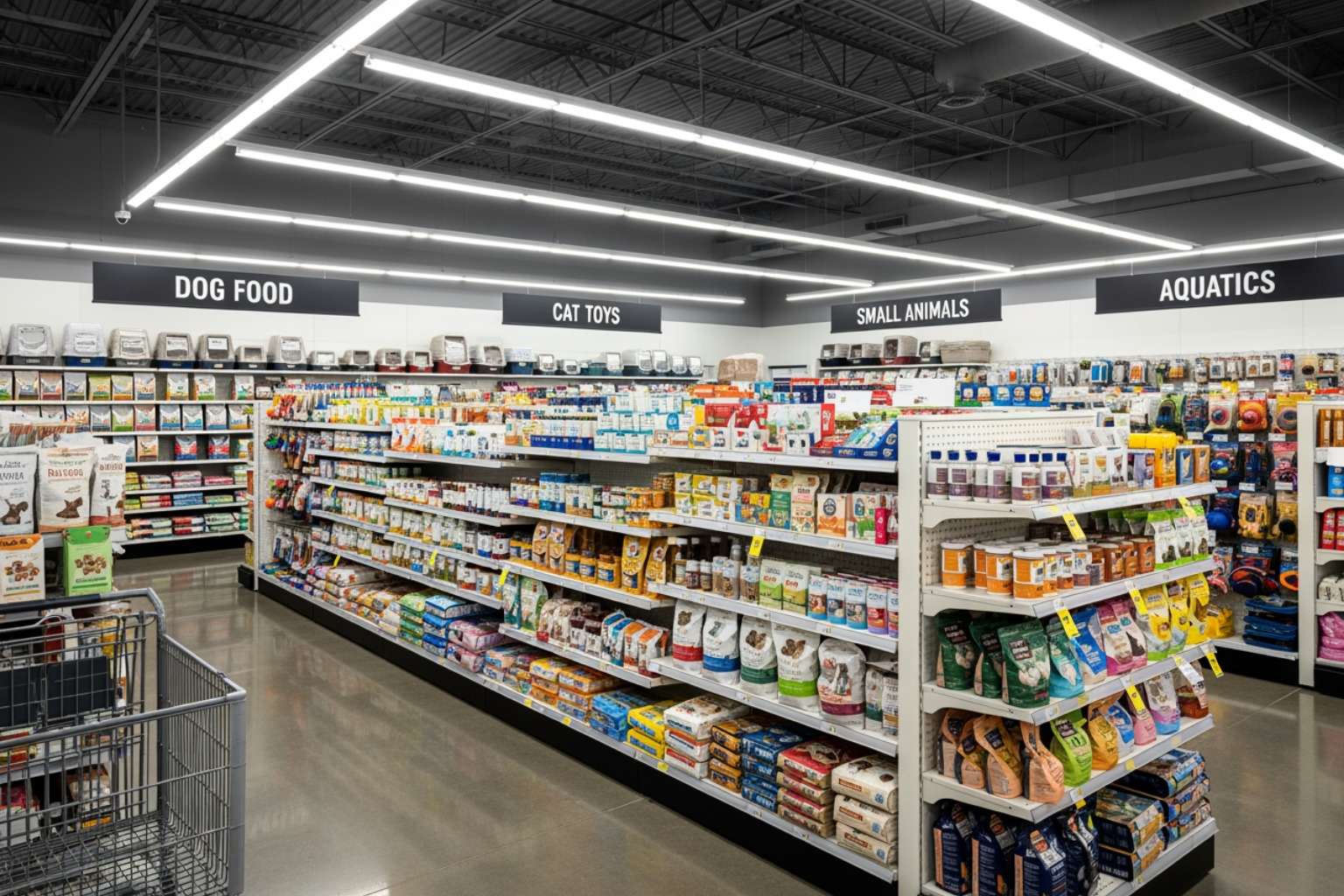 Bright, modern pet supply store aisle - pet care franchises