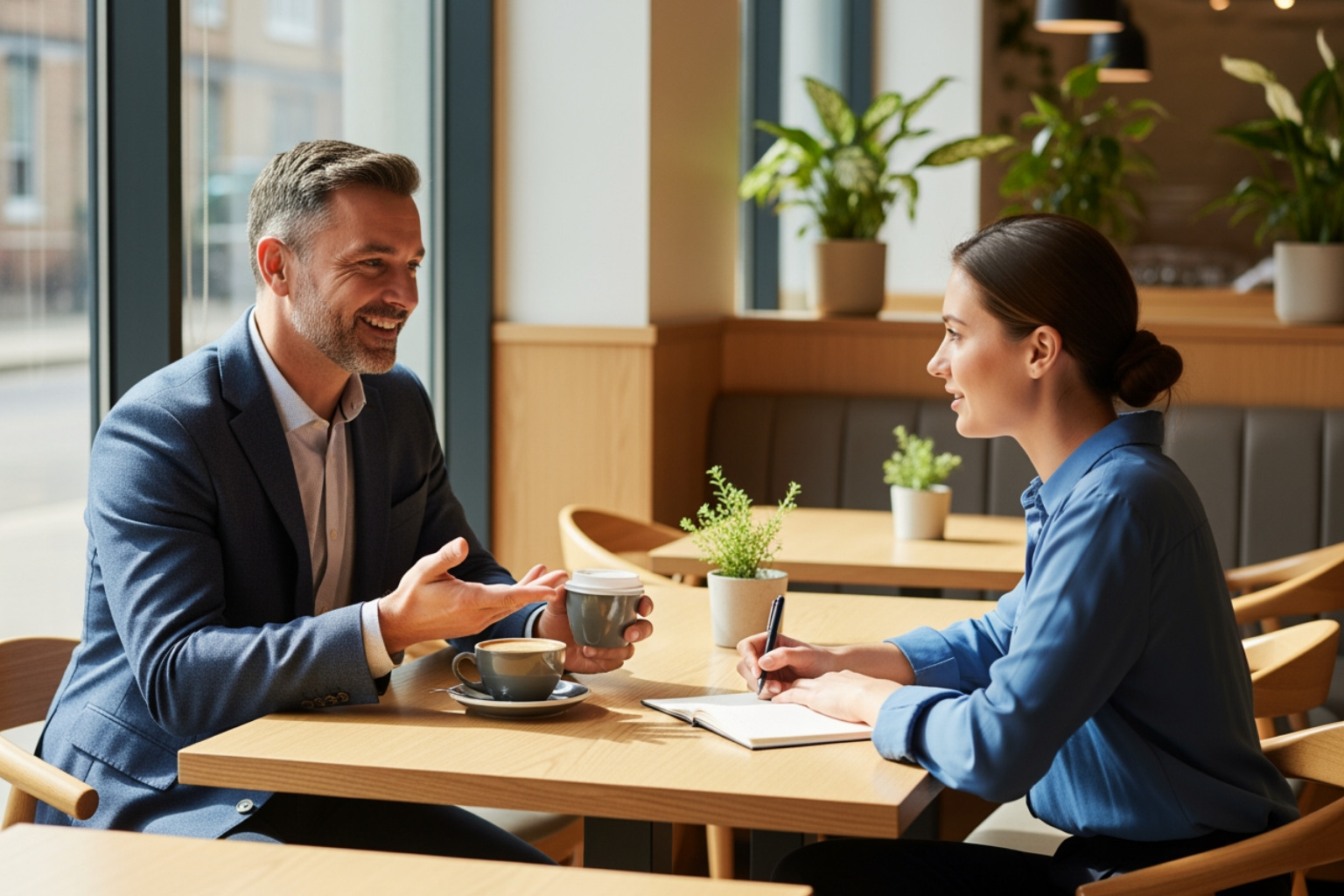 Franchise consultant having a coffee meeting with a potential franchisee - pet care franchises