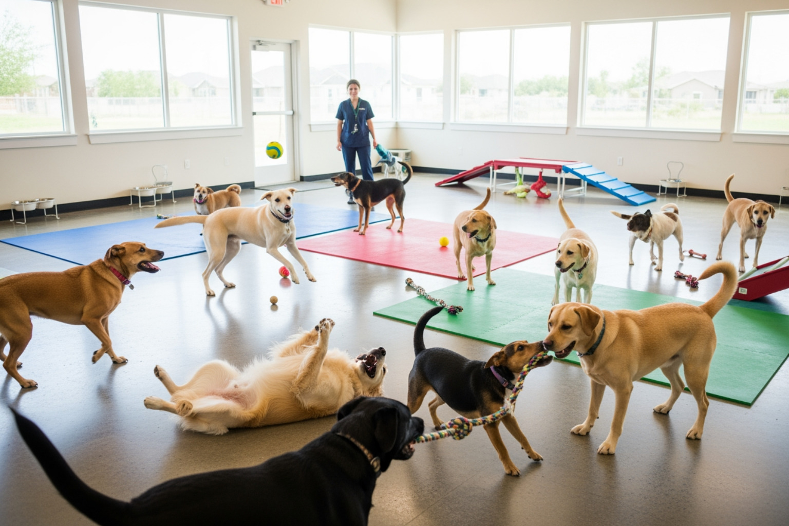 Dogs playing in a clean, open daycare facility - pet care franchises