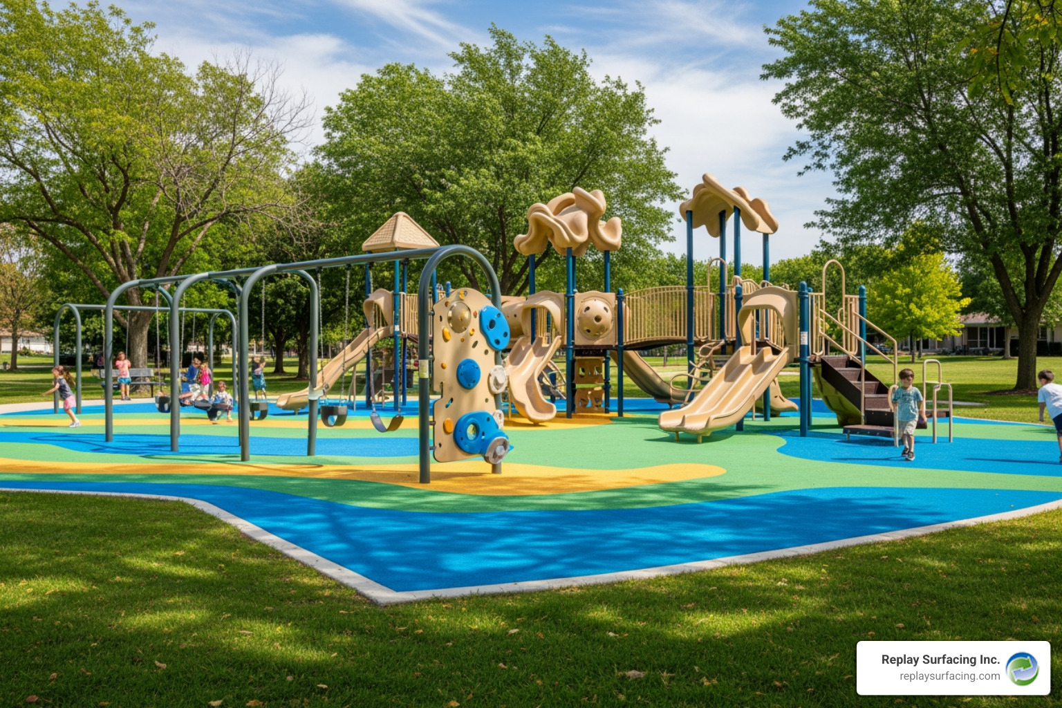Image of a completed playground project in a community park, showcasing a safe and attractive rubber surface. - soft matting for playgrounds