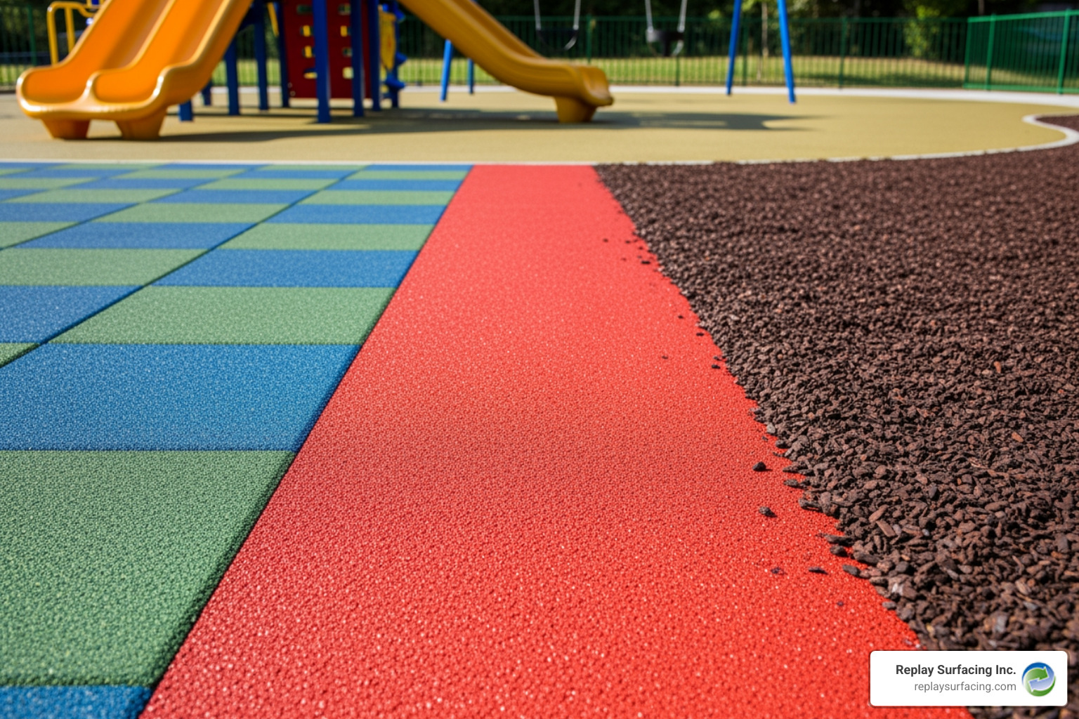 Image of a side-by-side comparison of rubber tiles, poured-in-place rubber, and rubber mulch on a playground. - soft matting for playgrounds