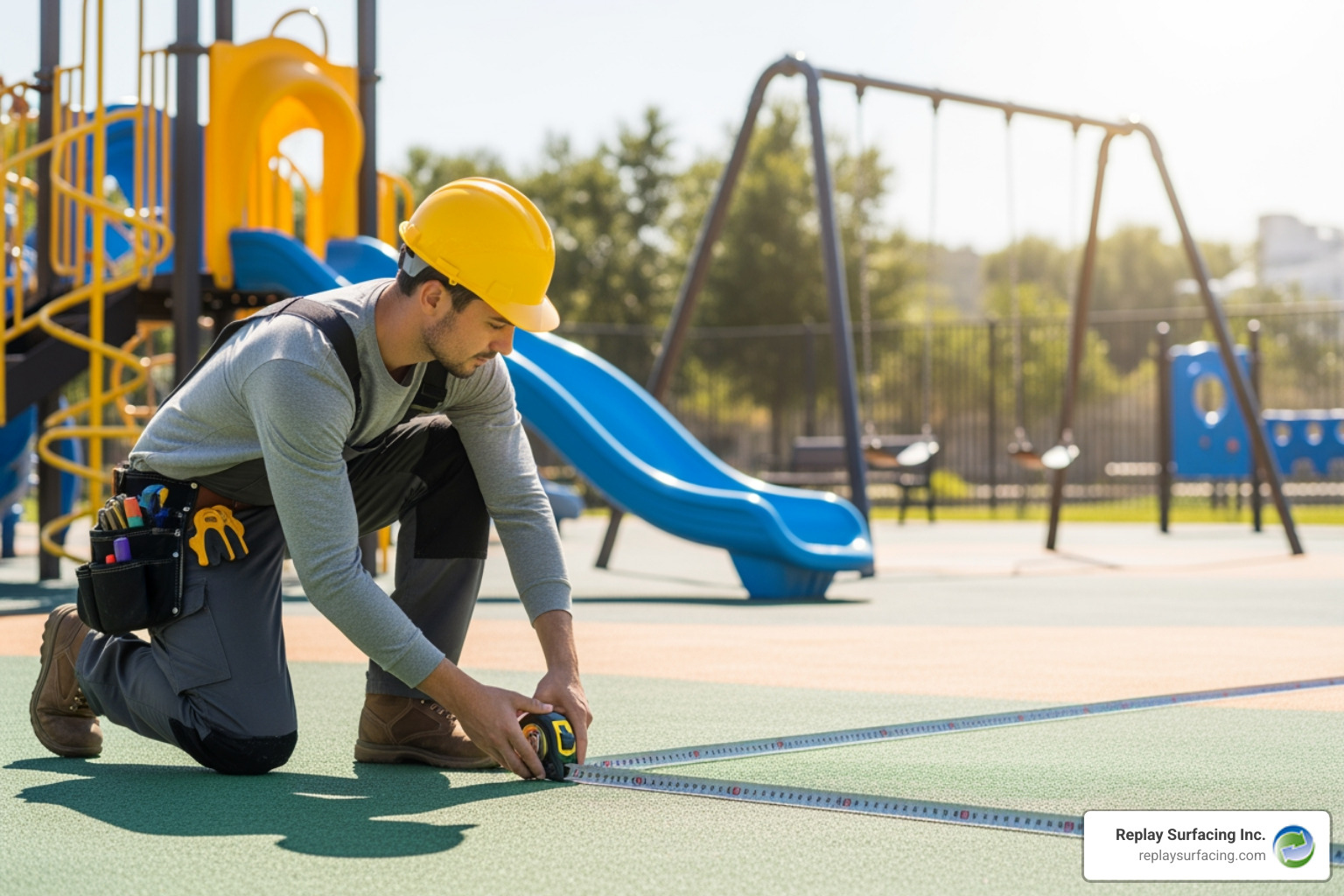 Image of a contractor measuring a playground area for surfacing installation. - soft matting for playgrounds