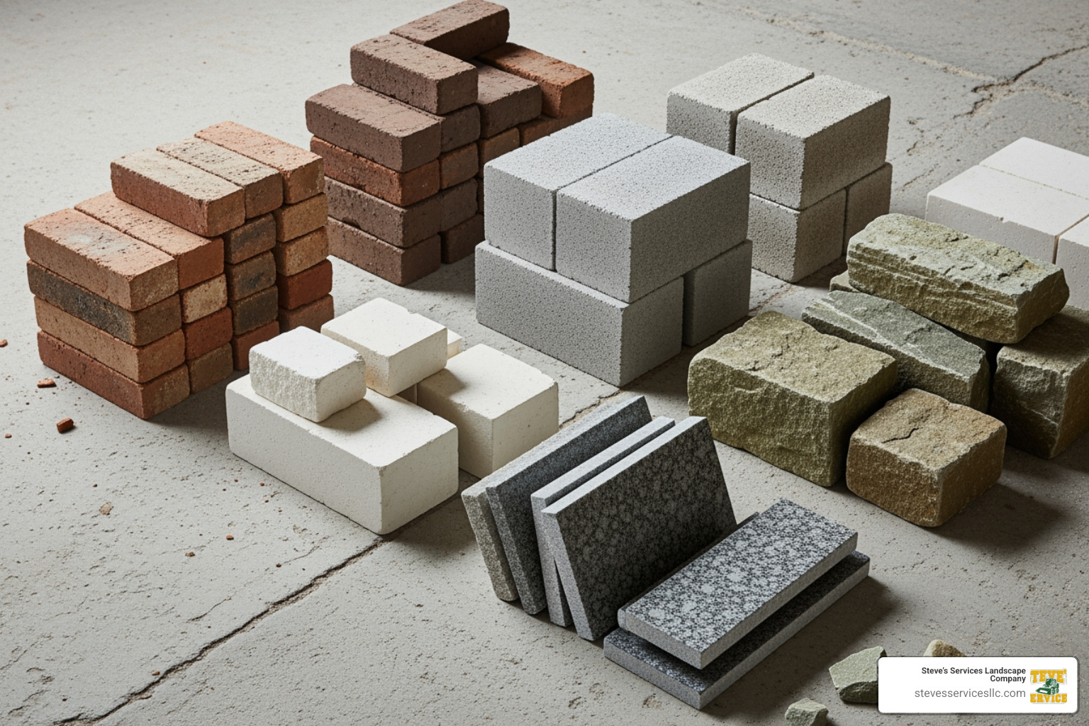 Image of various masonry materials like bricks, natural stone, and concrete blocks - Masonry contractor near me