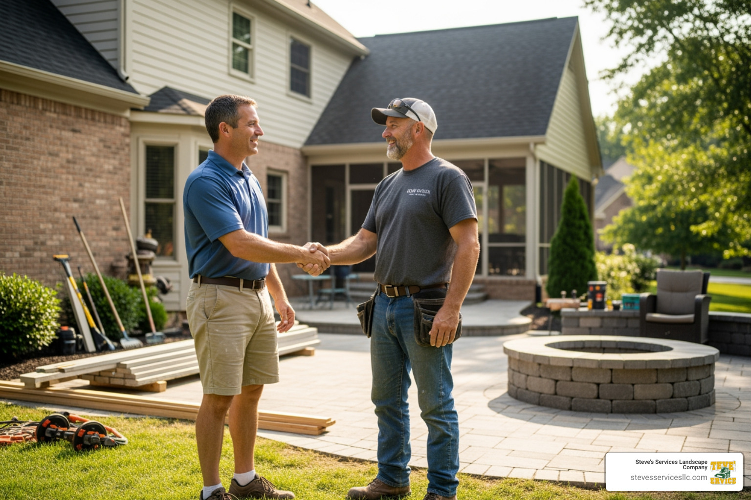Image of a homeowner shaking hands with a masonry contractor - Masonry contractor near me