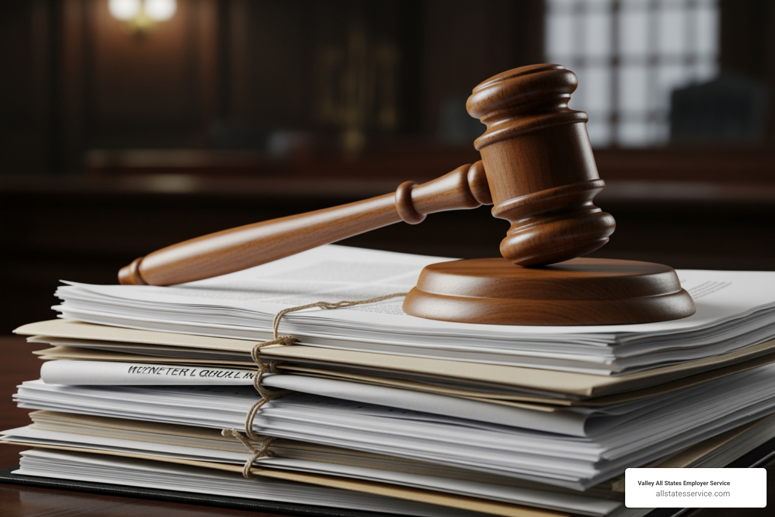 Gavel and stacks of paper to represent legal penalties - I-9 employer responsibilities