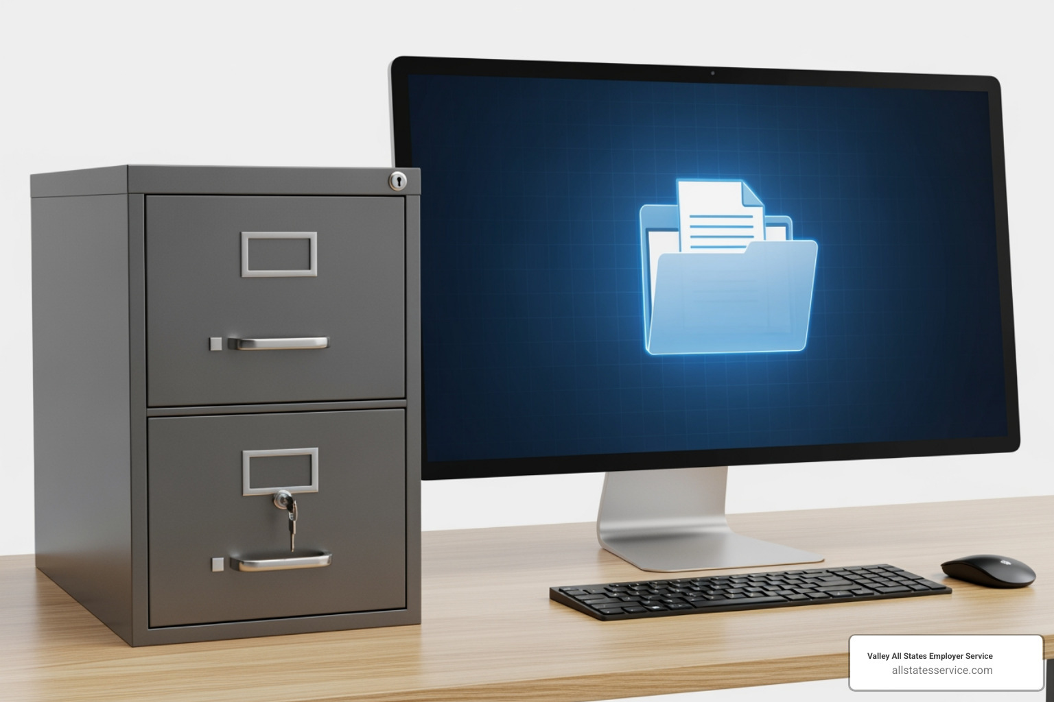 Secure file cabinet and a computer screen showing a digital file, representing paper and electronic storage - I-9 employer responsibilities