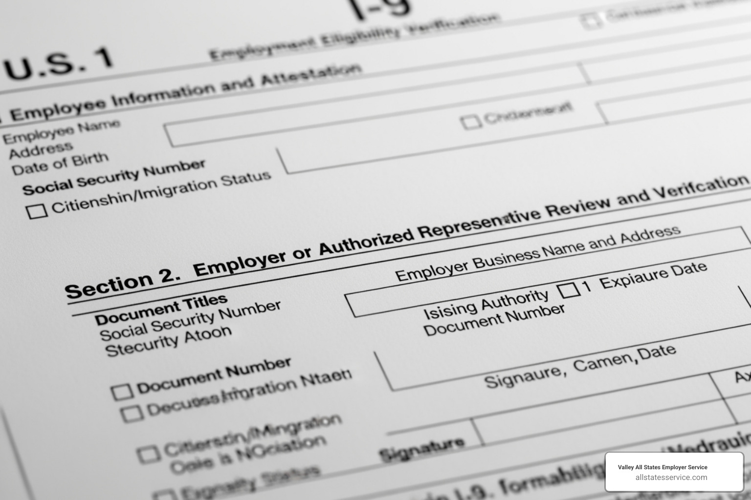 Close-up of Form I-9, highlighting Section 1 and Section 2 - I-9 employer responsibilities