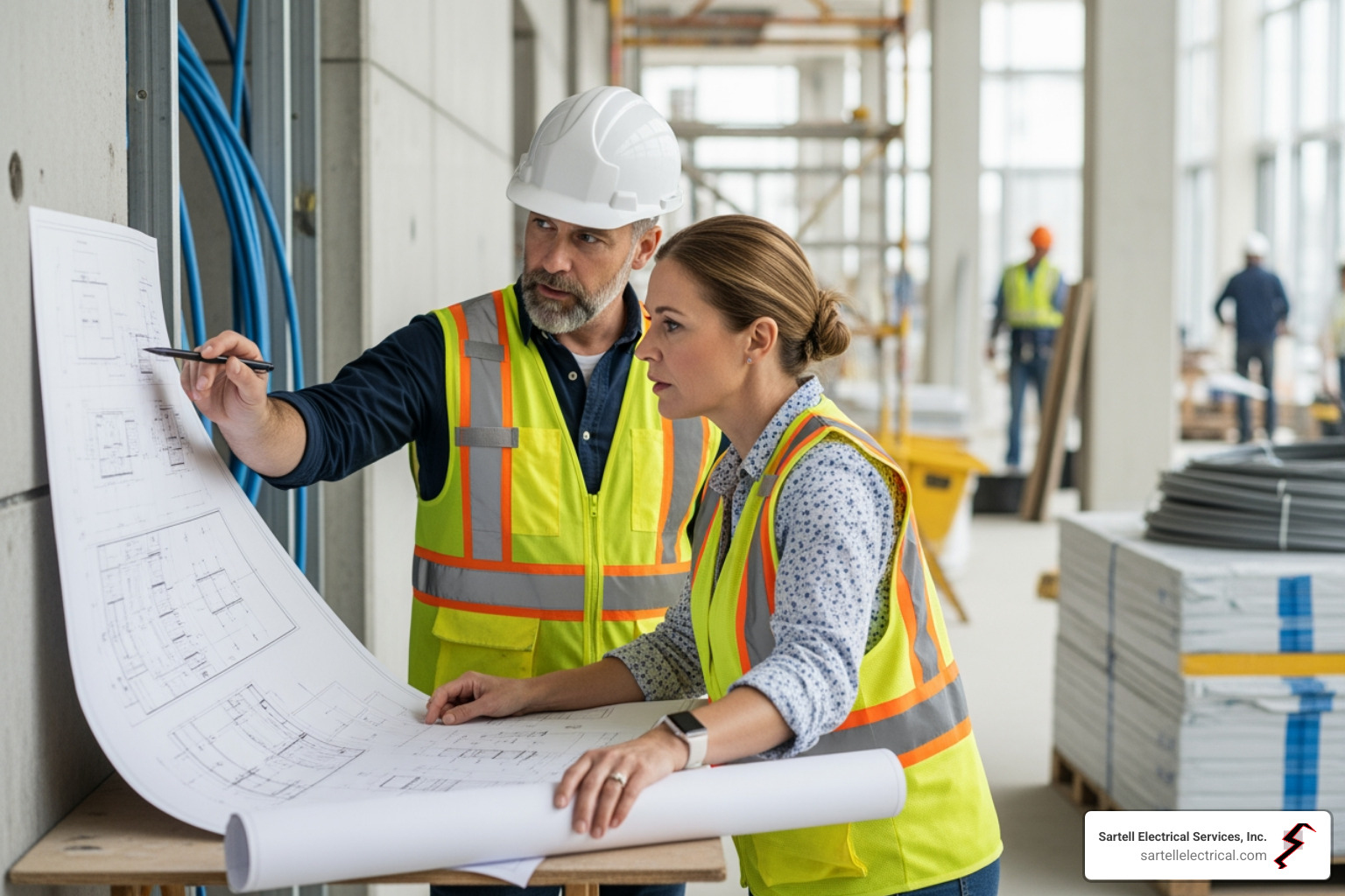 A project manager and a hospital facility director intently reviewing blueprints on-site within a healthcare facility, signifying collaborative planning and expert oversight in electrical infrastructure development - healthcare electrical contractors