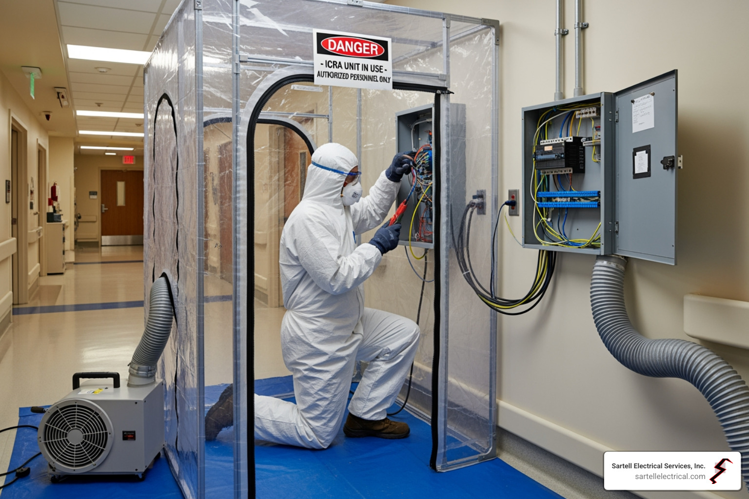 An electrician meticulously working inside a sealed Infection Control Risk Assessment (ICRA) containment unit within a hospital corridor, demonstrating strict adherence to safety protocols to prevent contamination during electrical upgrades - healthcare electrical contractors