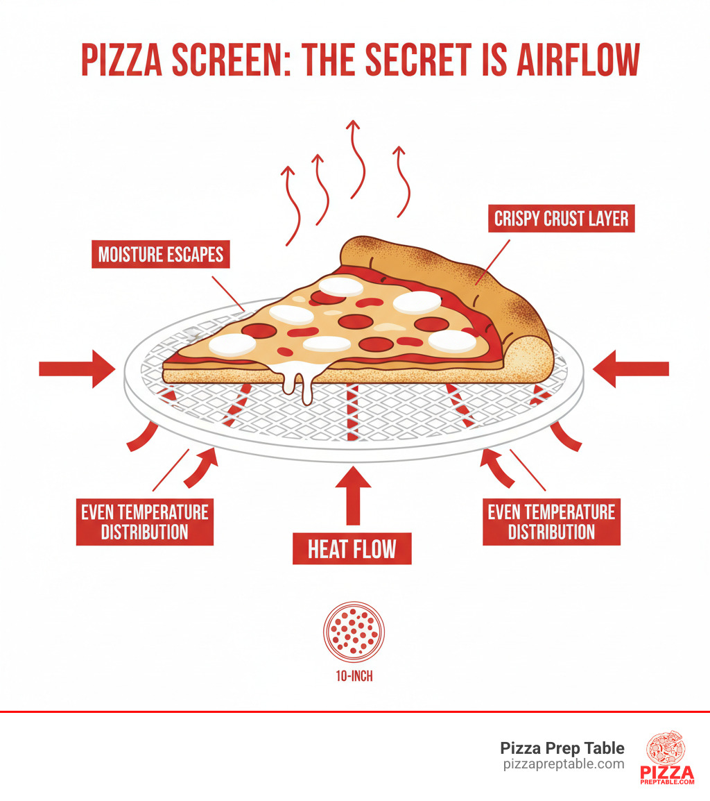 infographic showing cross-section of pizza on screen with arrows indicating heat flow through perforations, moisture escaping upward, and even temperature distribution creating crispy crust layer - pizza screen 10 inch infographic infographic showing cross-section of pizza on screen with arrows indicating heat flow through perforations, moisture escaping upward, and even temperature distribution creating crispy crust layer - pizza screen 10 inch infographic
