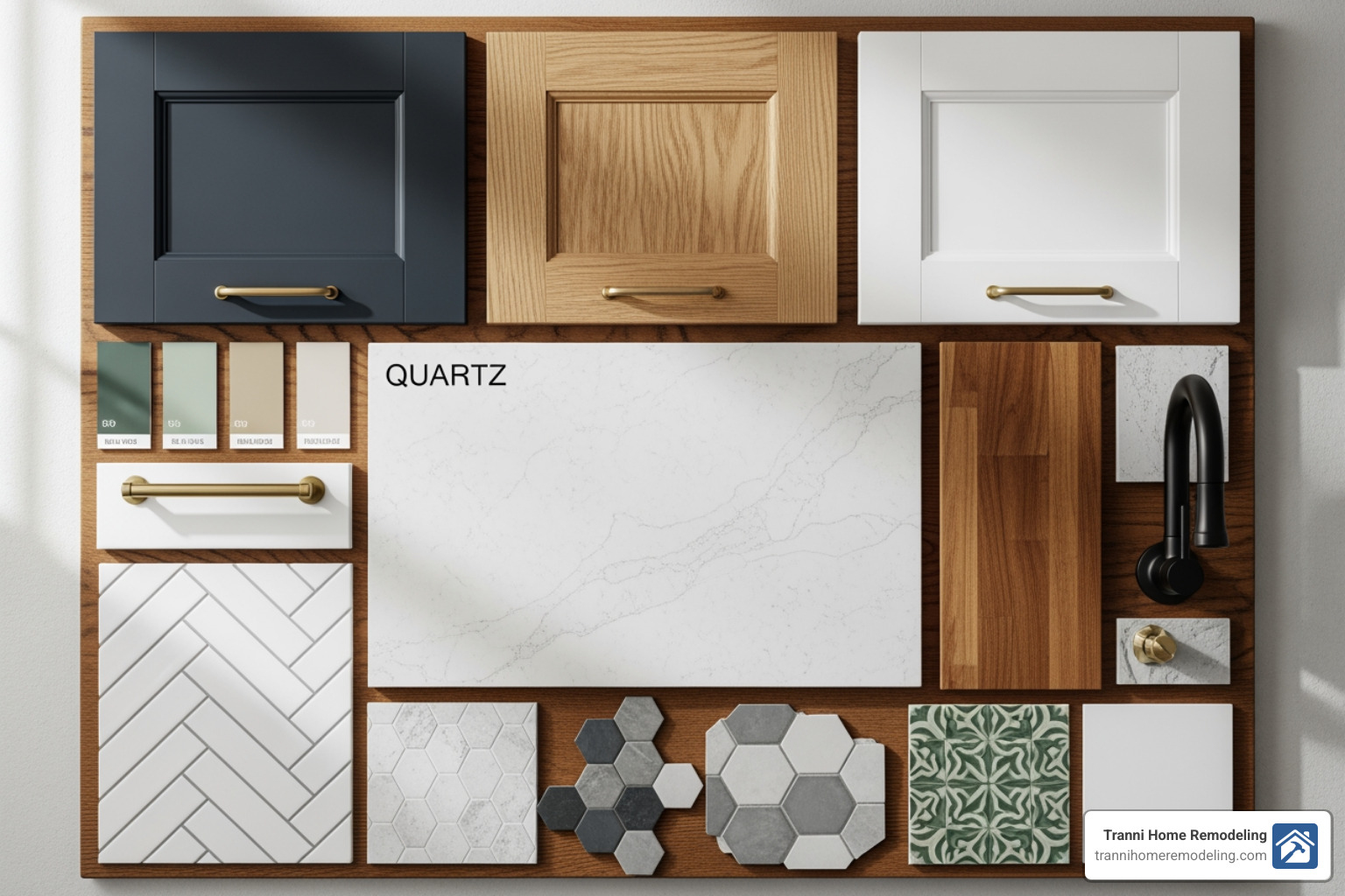 kitchen material mood board with samples of countertops, cabinets, and backsplash tiles - kitchen and remodeling