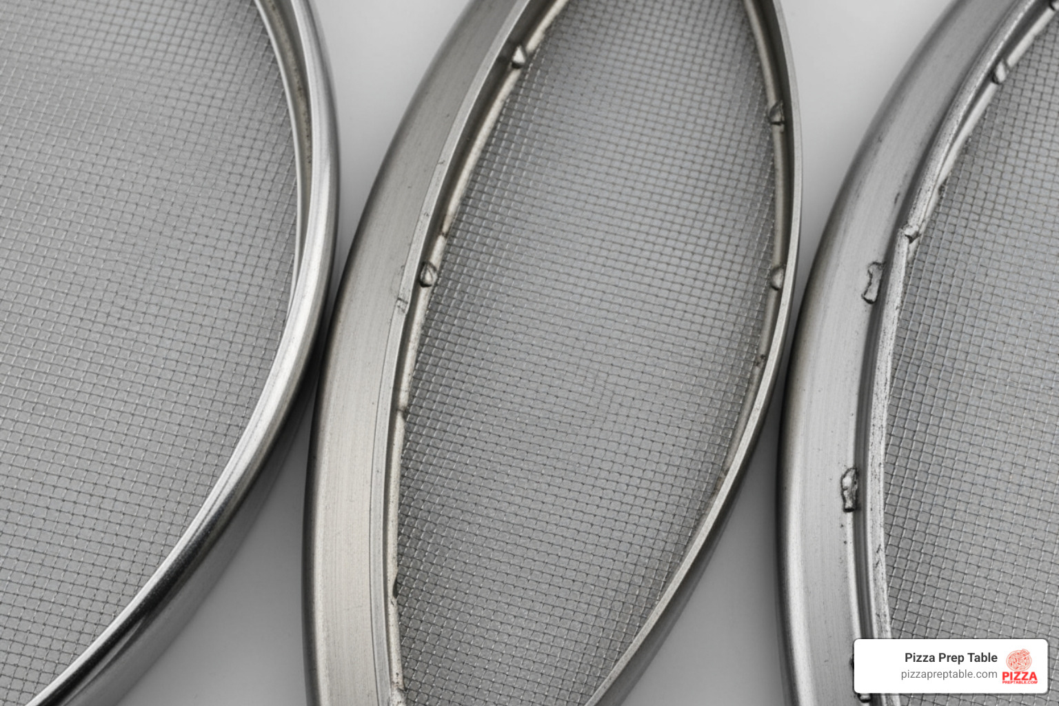 close-up of a seamless rim pizza screen vs. a standard rim with rough edges - pizza screen 10 inch close-up of a seamless rim pizza screen vs. a standard rim with rough edges - pizza screen 10 inch