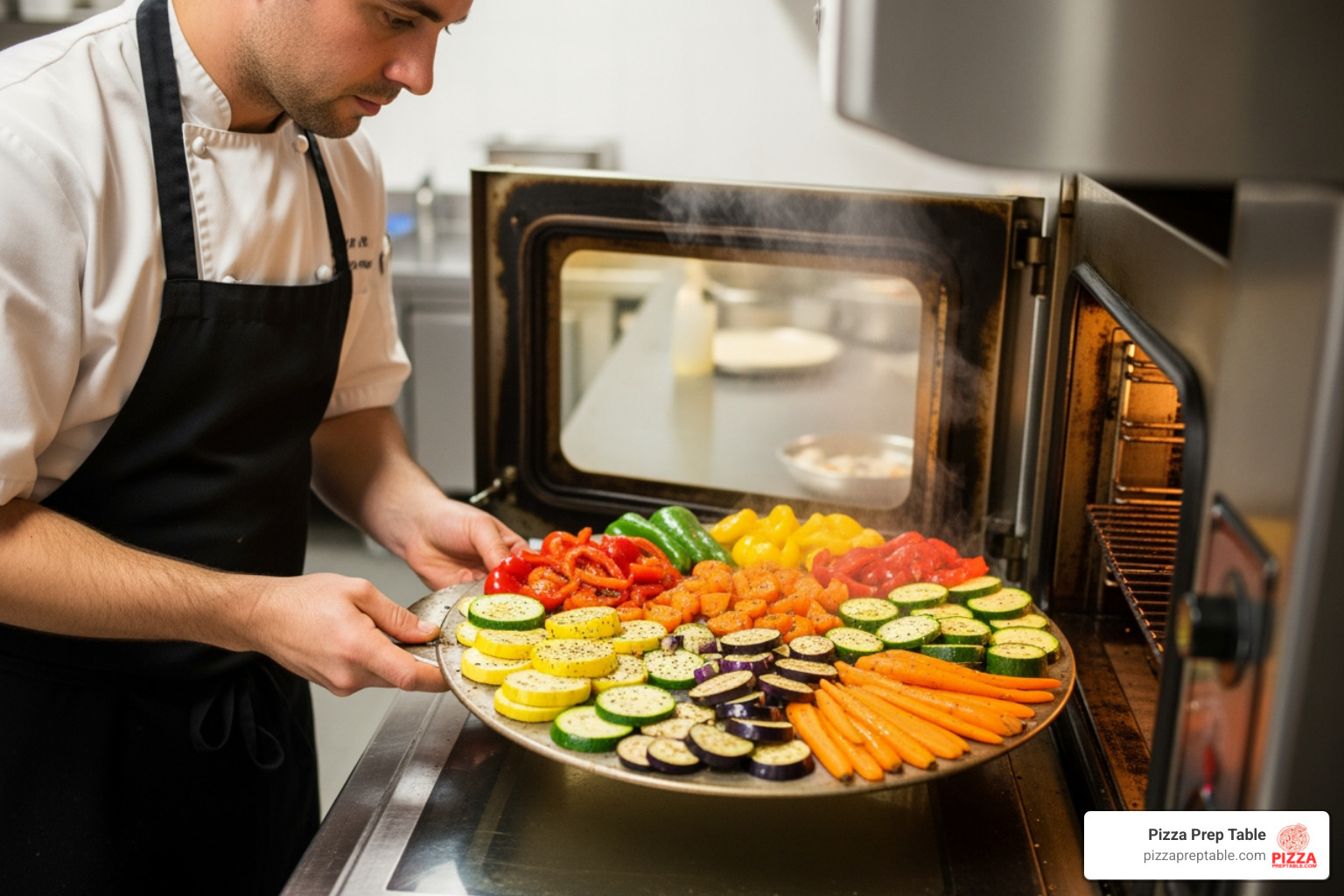 chef roasting vegetables on a pizza screen in commercial kitchen - pizza screen 10 inch chef roasting vegetables on a pizza screen in commercial kitchen - pizza screen 10 inch