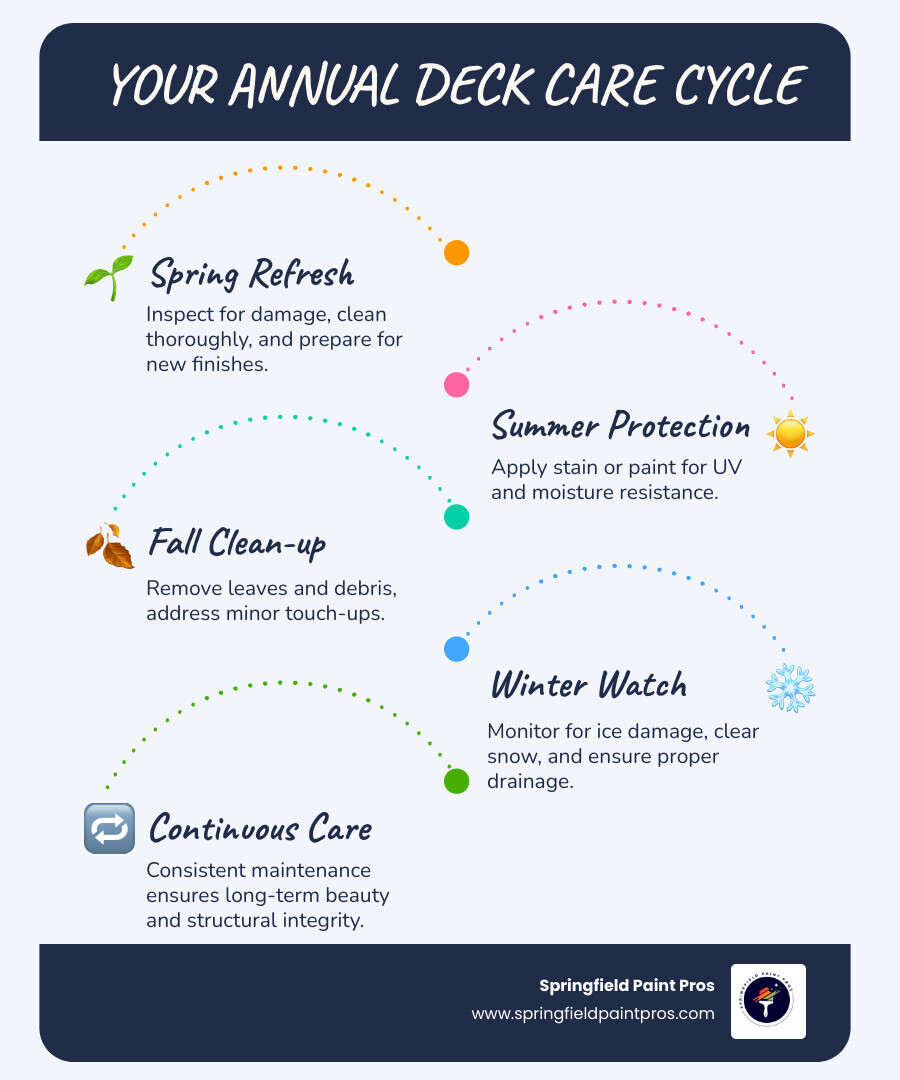 Infographic showing the annual deck maintenance cycle: Spring inspection and cleaning, Summer staining or painting application, Fall debris removal and touch-ups, Winter monitoring for damage, leading back to Spring inspection - Deck cleaning and painting infographic infographic-line-5-steps-blues-accent_colors
