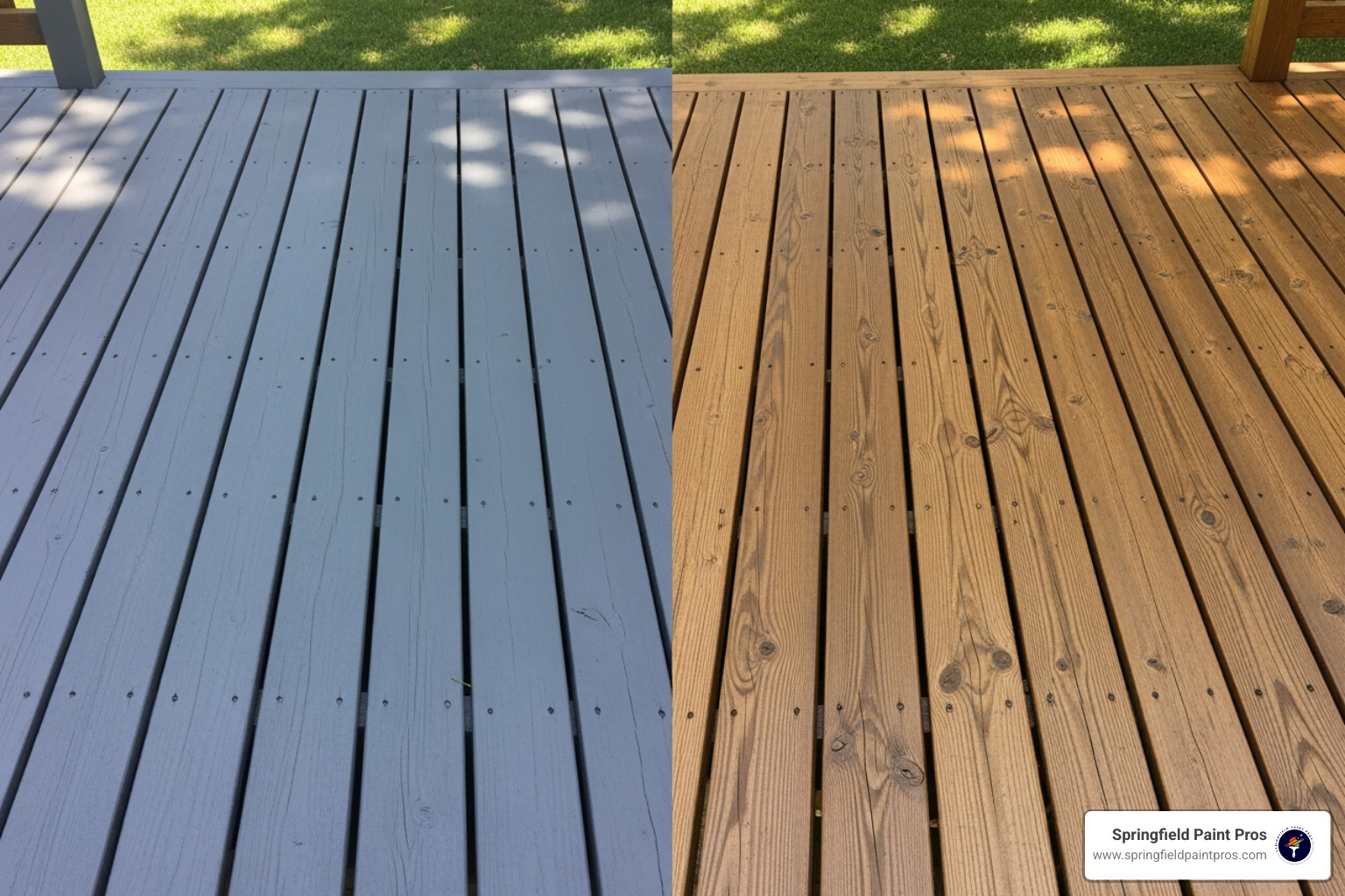 side-by-side comparison of a painted deck and a stained deck - Deck cleaning and painting