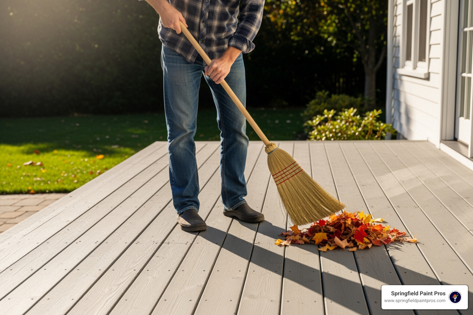 person sweeping leaves off a clean, painted deck - Deck cleaning and painting