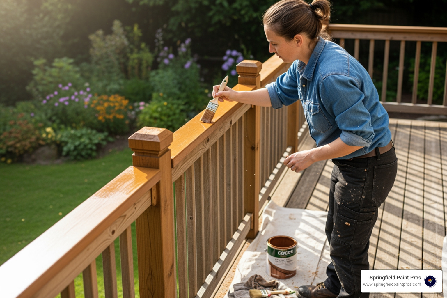 person methodically painting deck railings with a brush - Deck cleaning and painting