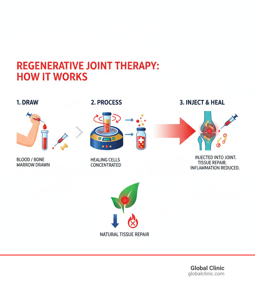 Infographic showing how regenerative joint therapy works: blood or bone marrow is drawn from patient, processed to concentrate healing cells, then injected back into damaged joint where growth factors stimulate natural tissue repair and reduce inflammation - regenerative joint therapy infographic 