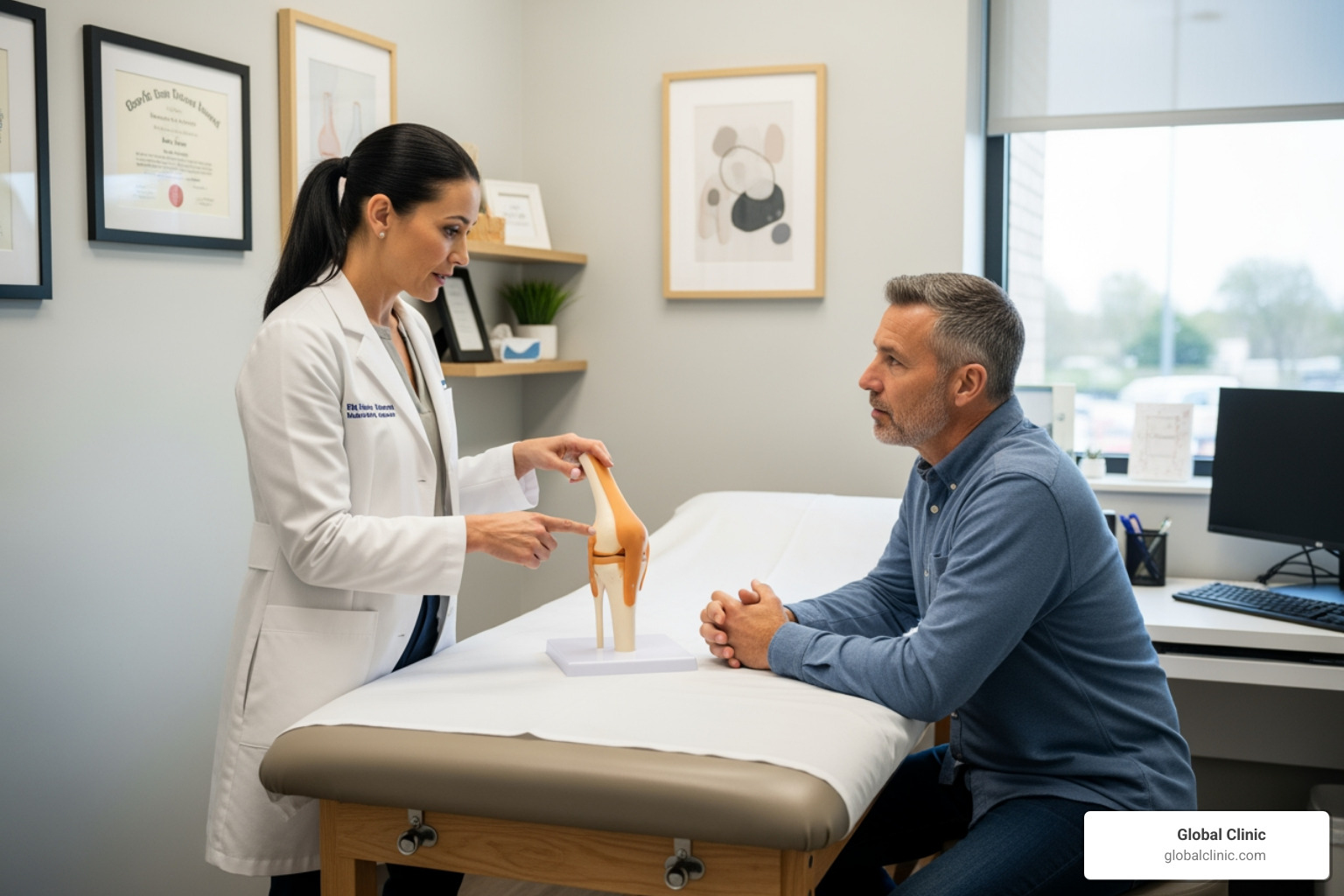 doctor consulting with patient pointing to knee model - regenerative joint therapy