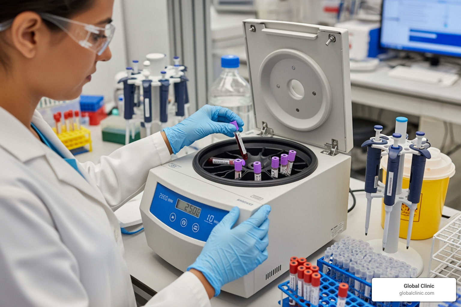 lab technician processing blood sample for PRP - regenerative joint therapy