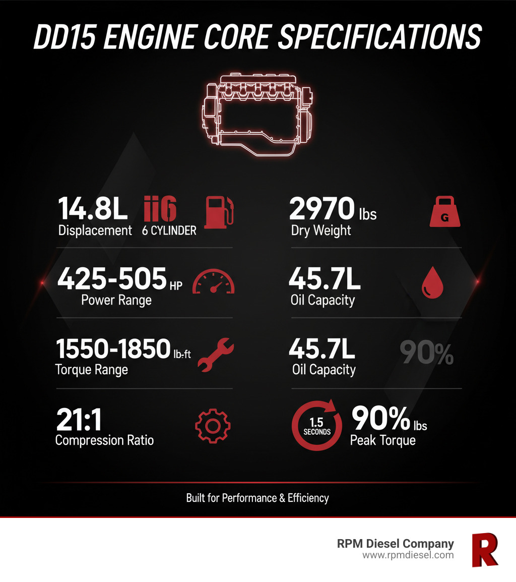 Infographic showing DD15 engine core specifications: 14.8L Displacement, Inline 6 Cylinder Configuration, 425-505 HP Power Range, 1550-1850 lb-ft Torque Range, 21:1 Compression Ratio, 2970 lbs Dry Weight, 45.7L Oil Capacity, and 90% Peak Torque in 1.5 Seconds - dd15 engine infographic Infographic showing DD15 engine core specifications: 14.8L Displacement, Inline 6 Cylinder Configuration, 425-505 HP Power Range, 1550-1850 lb-ft Torque Range, 21:1 Compression Ratio, 2970 lbs Dry Weight, 45.7L Oil Capacity, and 90% Peak Torque in 1.5 Seconds - dd15 engine infographic