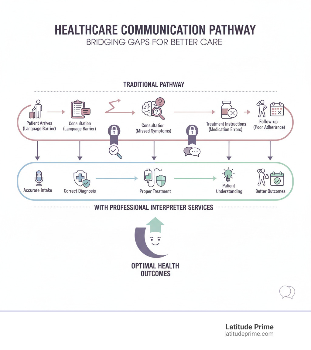 Infographic showing the healthcare communication pathway: Patient arrives → Check-in (language barrier) → Consultation (missed symptoms, incorrect diagnosis) → Treatment instructions (medication errors) → Follow-up (poor adherence). Professional interpreter services create a parallel pathway with clear arrows showing: Accurate intake → Correct diagnosis → Proper treatment → Patient understanding → Better outcomes - interpreter services for healthcare infographic Infographic showing the healthcare communication pathway: Patient arrives → Check-in (language barrier) → Consultation (missed symptoms, incorrect diagnosis) → Treatment instructions (medication errors) → Follow-up (poor adherence). Professional interpreter services create a parallel pathway with clear arrows showing: Accurate intake → Correct diagnosis → Proper treatment → Patient understanding → Better outcomes - interpreter services for healthcare infographic