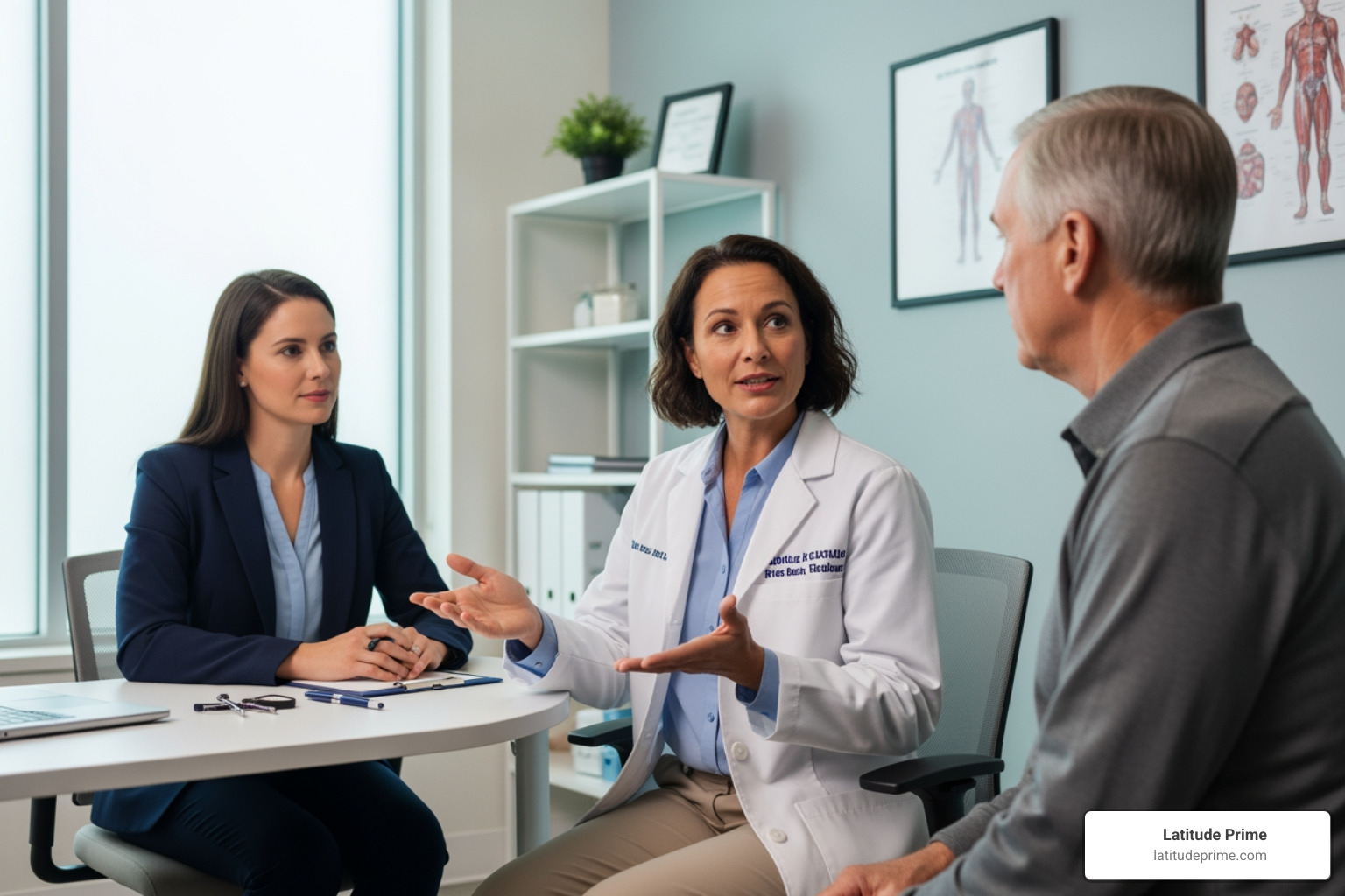 of a doctor, patient, and an in-person interpreter in a consultation room - interpreter services for healthcare of a doctor, patient, and an in-person interpreter in a consultation room - interpreter services for healthcare