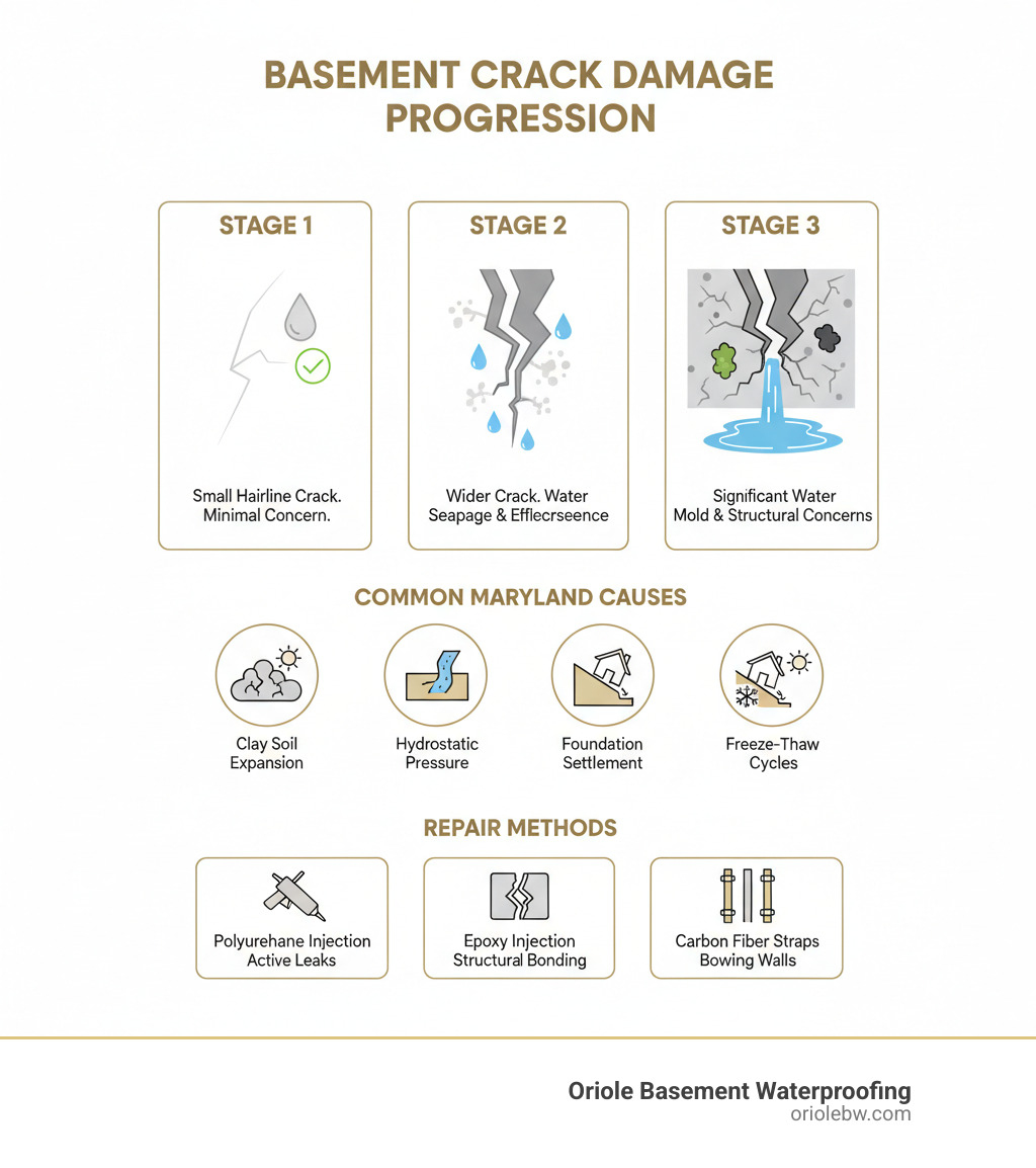 Infographic showing the progression of basement crack damage: Stage 1 shows a small hairline crack with minimal concern; Stage 2 shows a wider crack with water seepage and efflorescence; Stage 3 shows significant water intrusion with mold growth and structural concerns. Includes icons for common Maryland causes: clay soil expansion, hydrostatic pressure from groundwater, foundation settlement, and freeze-thaw cycles. Bottom section displays repair methods: polyurethane injection for active leaks, epoxy injection for structural bonding, and carbon fiber straps for bowing walls. - basement crack repair infographic 