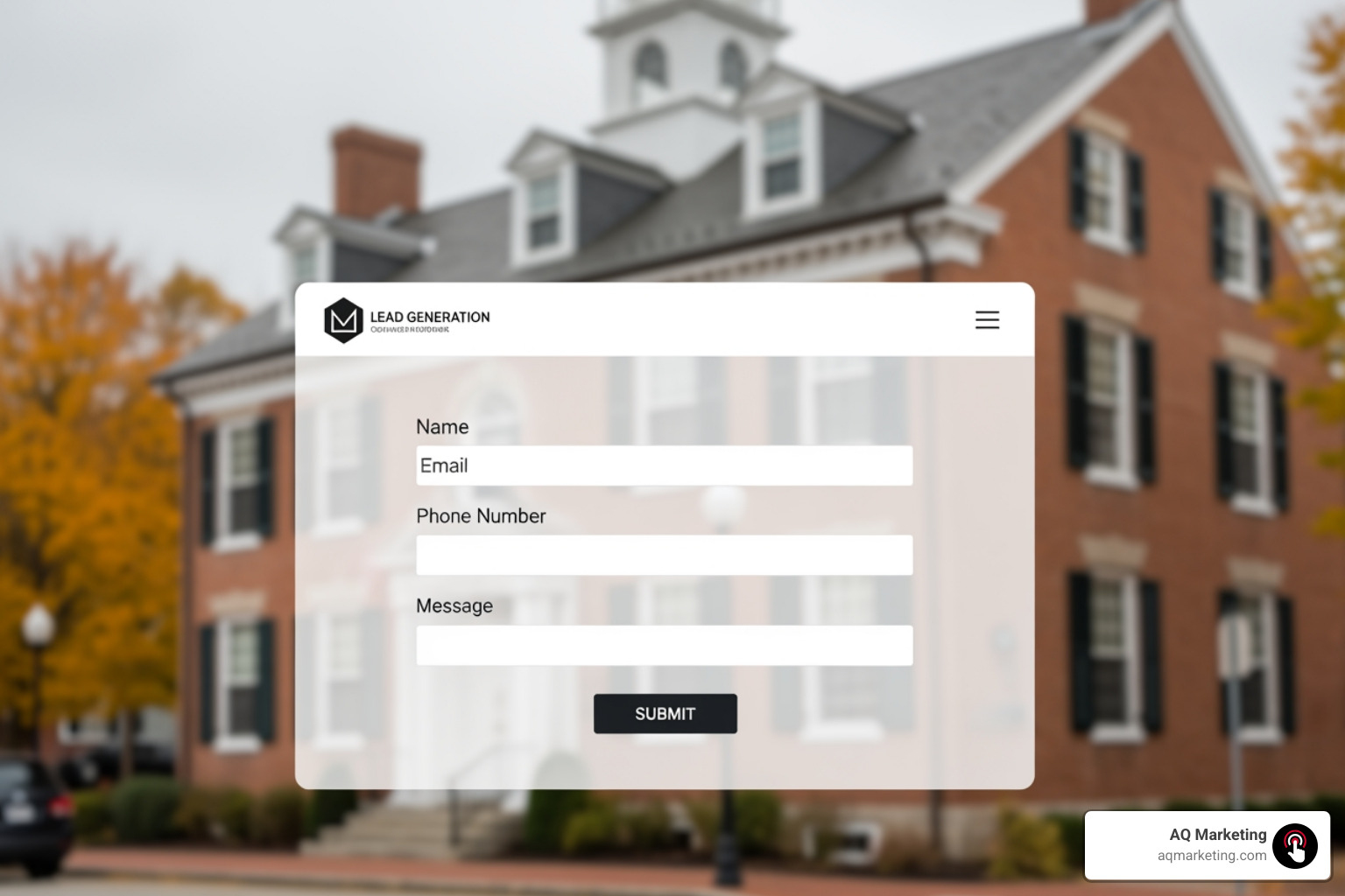 Lead generation form on a clean website interface, with a background of a brick building in a New England town - Web Design Chelmsford Lead generation form on a clean website interface, with a background of a brick building in a New England town - Web Design Chelmsford