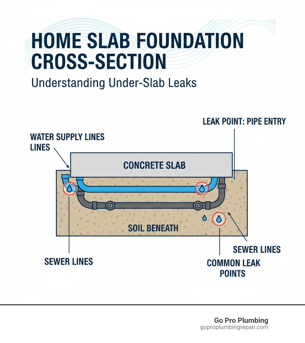 Infographic showing a cross-section of a home's slab foundation with water and sewer pipes running underneath the concrete, labeling key components like the concrete slab, water supply lines, sewer lines, and soil beneath, plus common leak points where pipes enter through the foundation - leak detection under slab infographic Infographic showing a cross-section of a home's slab foundation with water and sewer pipes running underneath the concrete, labeling key components like the concrete slab, water supply lines, sewer lines, and soil beneath, plus common leak points where pipes enter through the foundation - leak detection under slab infographic