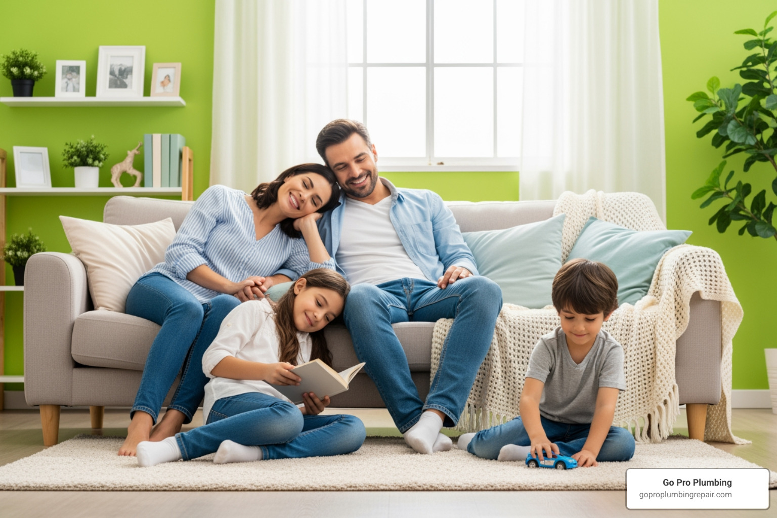 happy family in their home, free of water damage - leak detection under slab happy family in their home, free of water damage - leak detection under slab