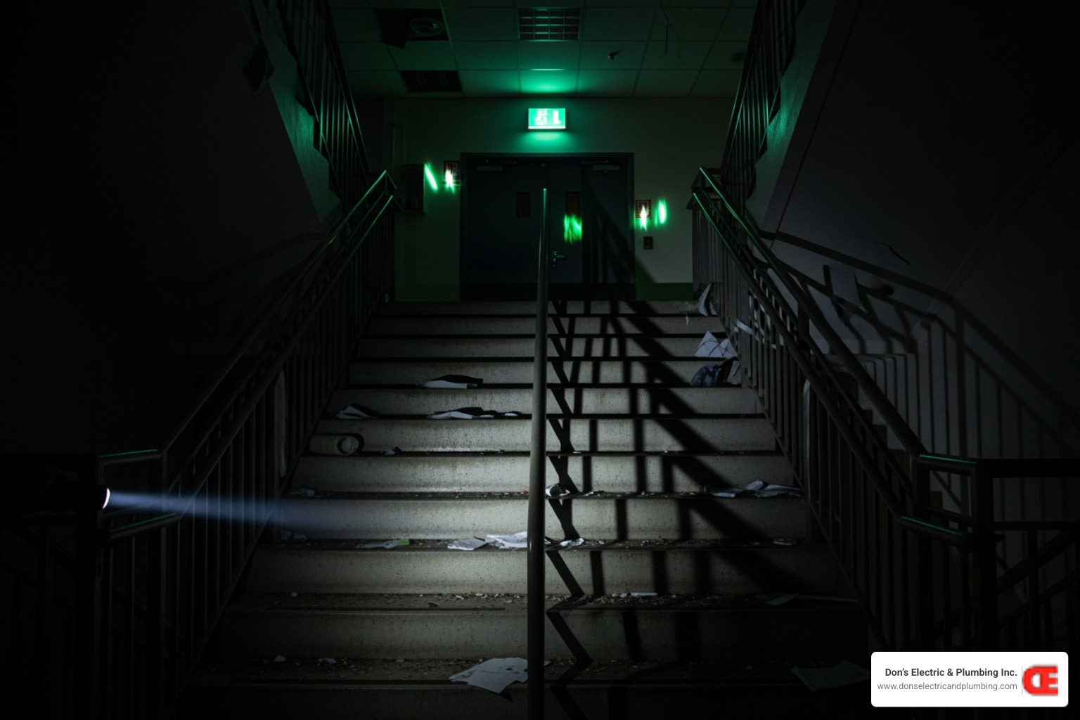 dark, unsafe stairwell during an emergency - emergency lighting repair minden dark, unsafe stairwell during an emergency - emergency lighting repair minden