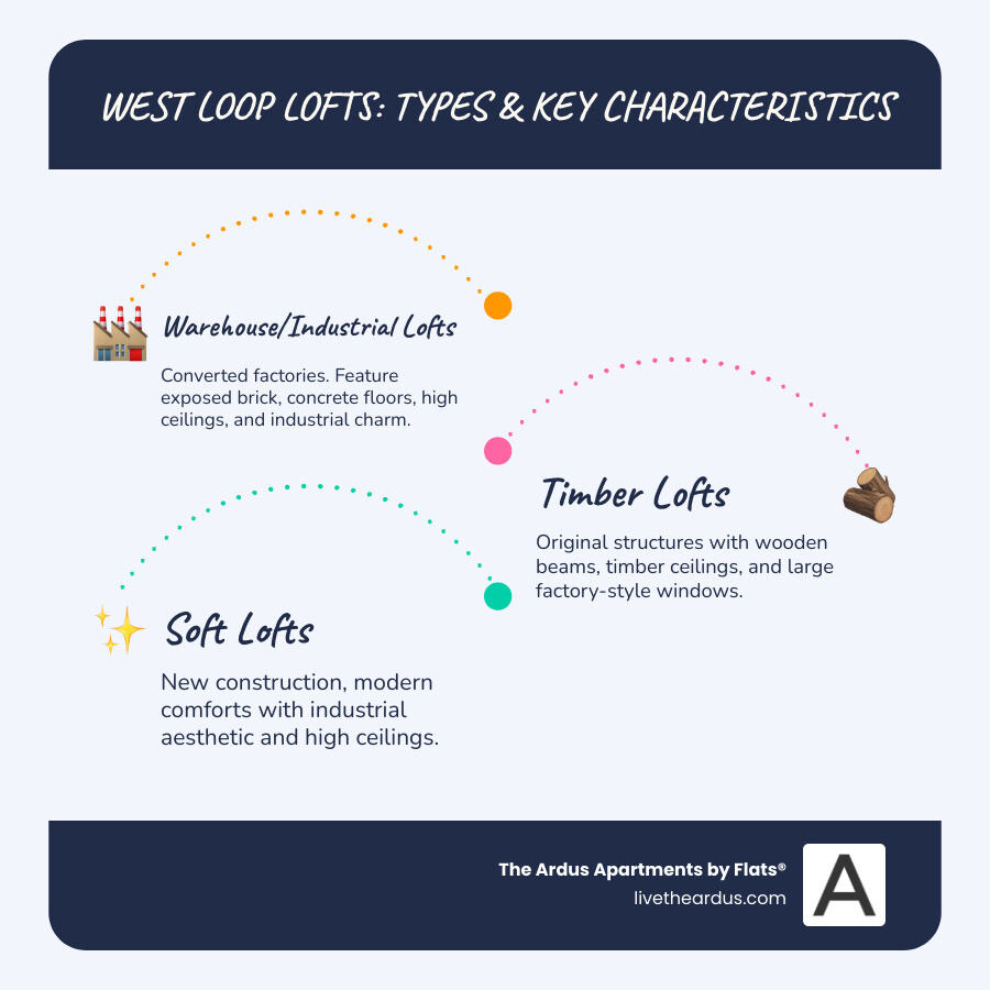 Infographic showing the three types of West Loop lofts: Warehouse/Industrial Lofts featuring exposed brick and concrete floors in converted factories, Timber Lofts with wooden beams and timber ceilings, and Soft Lofts which are new construction designed to mimic industrial style with high ceilings. Includes typical square footage ranges from 525 SF studios to 5,000 SF four-bedroom units, and highlights key amenities like rooftop decks, fitness centers, pet-friendly policies, and heated garage parking. - lofts in west loop chicago infographic infographic-line-3-steps-blues-accent_colors