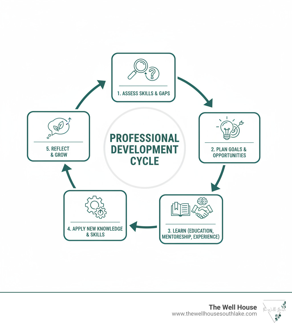 Infographic showing the professional development cycle: 1. Assess your current skills and knowledge gaps, 2. Plan your learning goals and choose opportunities, 3. Learn through education, mentorship, and experience, 4. Apply new knowledge and skills in practice, 5. Reflect on outcomes and growth, then return to assessment - professional development counseling infographic 