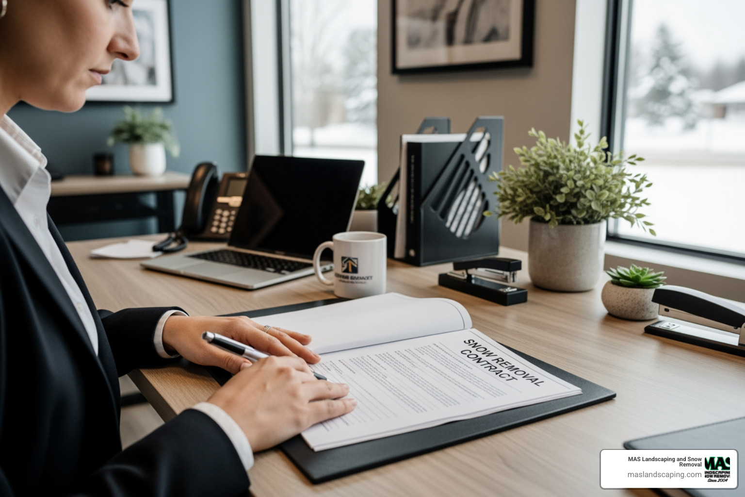 A property manager reviewing a snow removal contract - commercial property snow removal