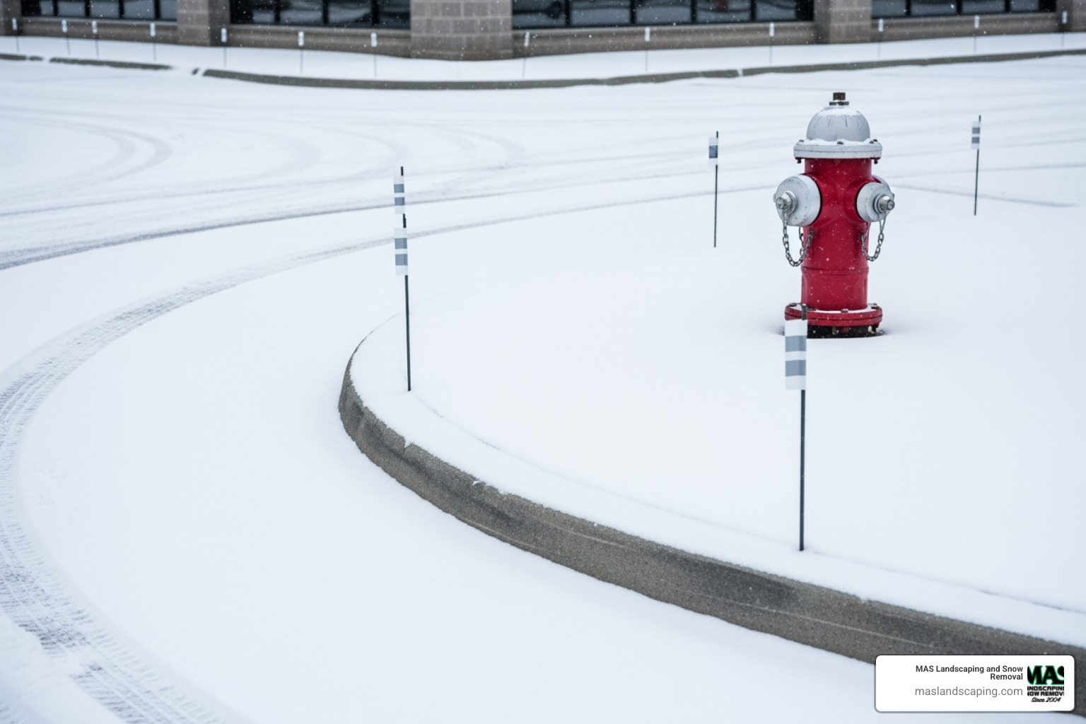 Snow stakes marking a curb and fire hydrant - commercial property snow removal