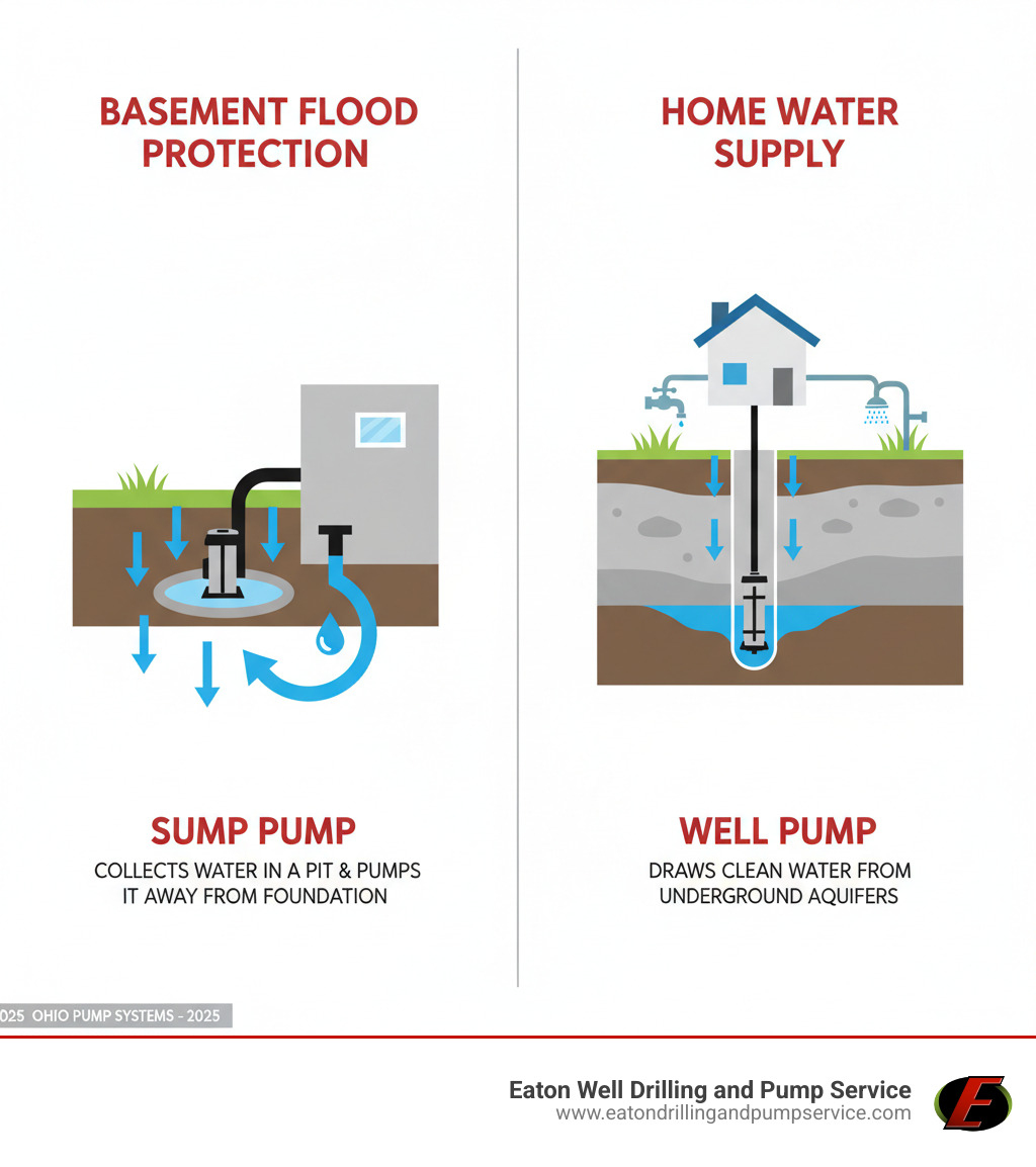 Infographic showing how sump pumps protect basements from flooding by collecting water in a pit and pumping it away from the foundation, and how well pumps draw water from underground aquifers through the wellbore to deliver clean water throughout the home - pump installation ohio infographic 