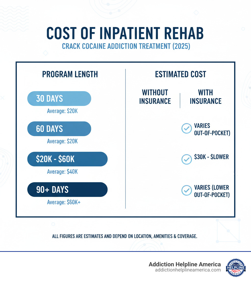 Table comparing typical costs for 30, 60, and 90-day programs with and without insurance - crack inpatient rehab program infographic 